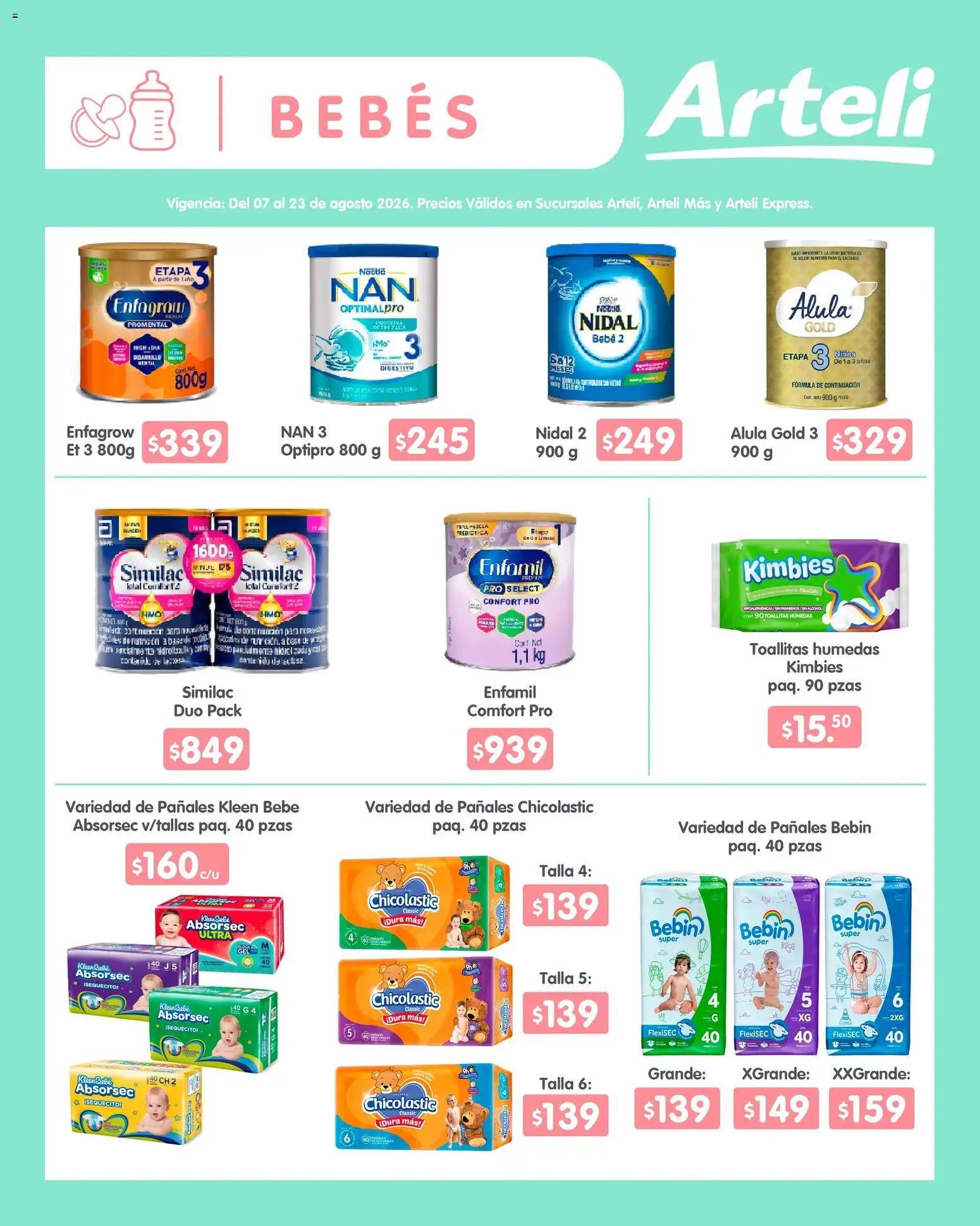 Nuevas ofertas de Arteli válidas en toda la República Mexicana desde el 07/08/2026. ¡Encuentra las mejores ofertas en Arteli folleto Quincenal! | Página: 12 | Productos: Toallitas húmedas, Pañales, Alcohol