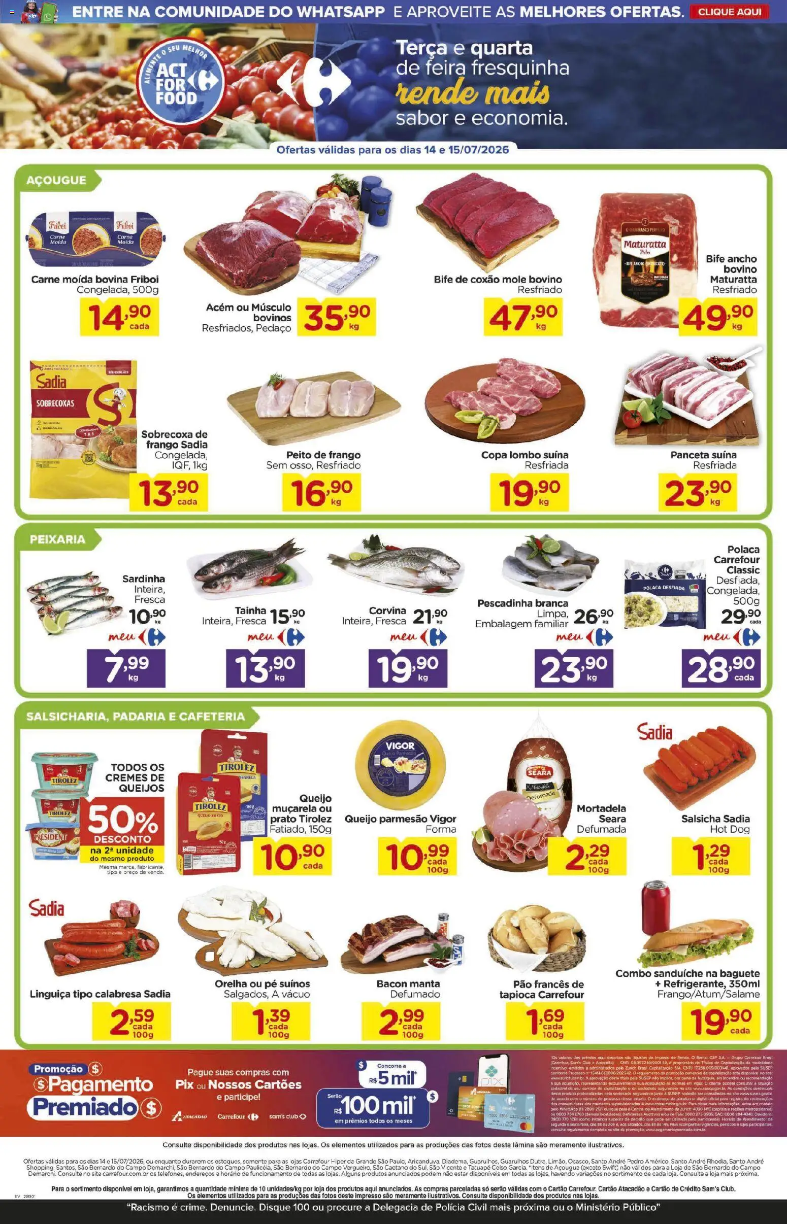 Carrefour Folheto - válido de 14/07/2026 | Página: 2 | Produtos: Parmesão, Carne, Sardinha, Carne moída