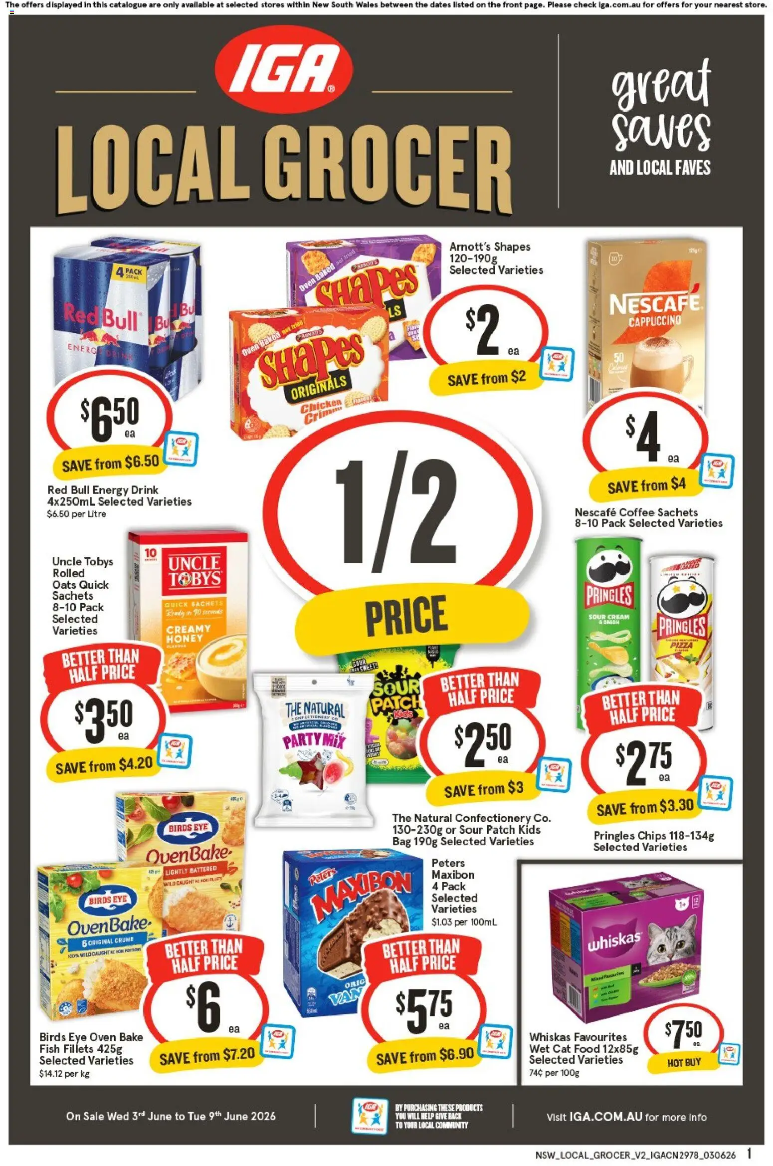 IGA catalogue - valid from 03.06.2026 | Page: 1 | Products: Energy drink, Coffee, Pizza, Chips