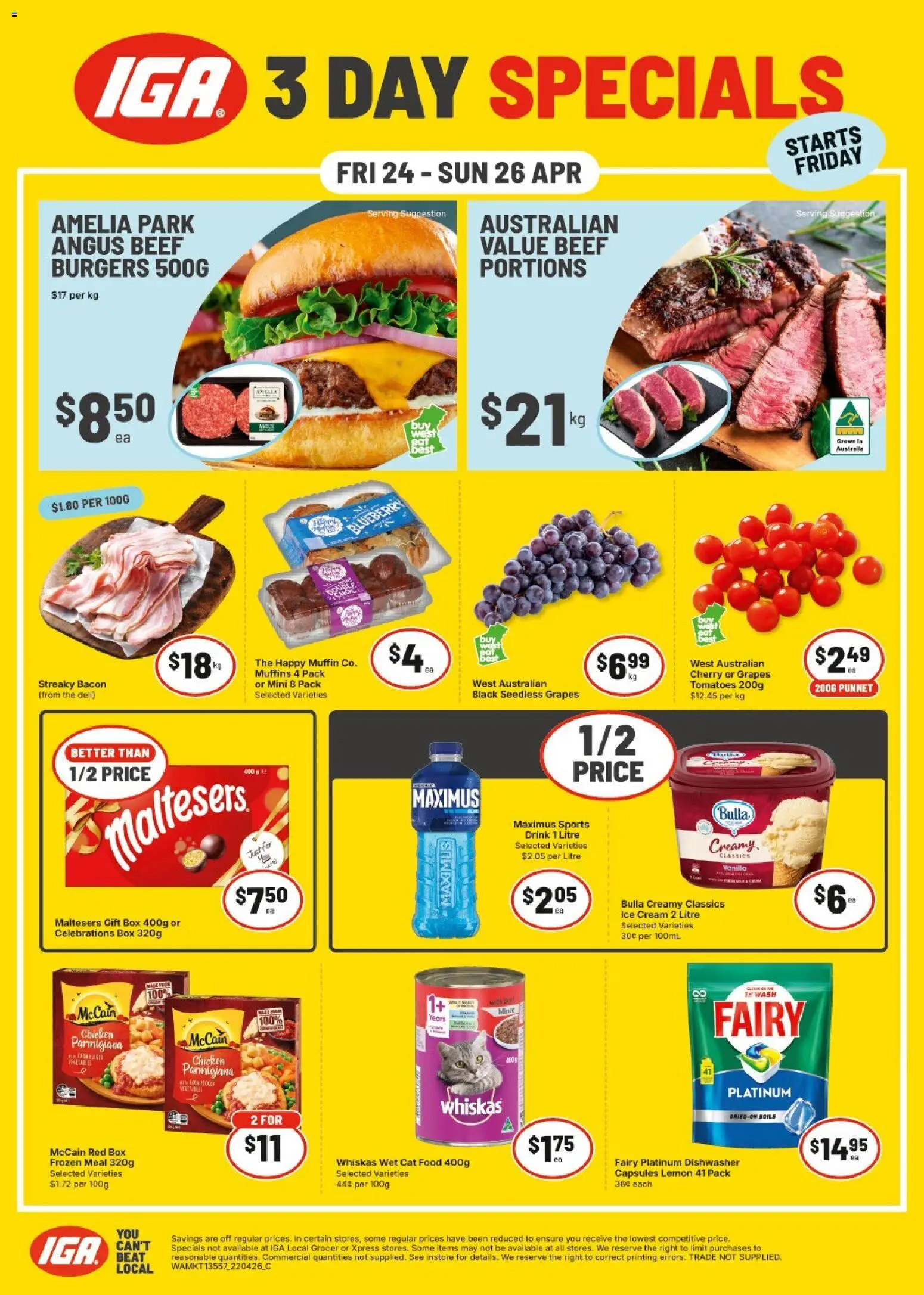 IGA catalogue - valid from 24.04.2026 | Page: 1 | Products: Bacon, Muffins, Lemon, Grapes