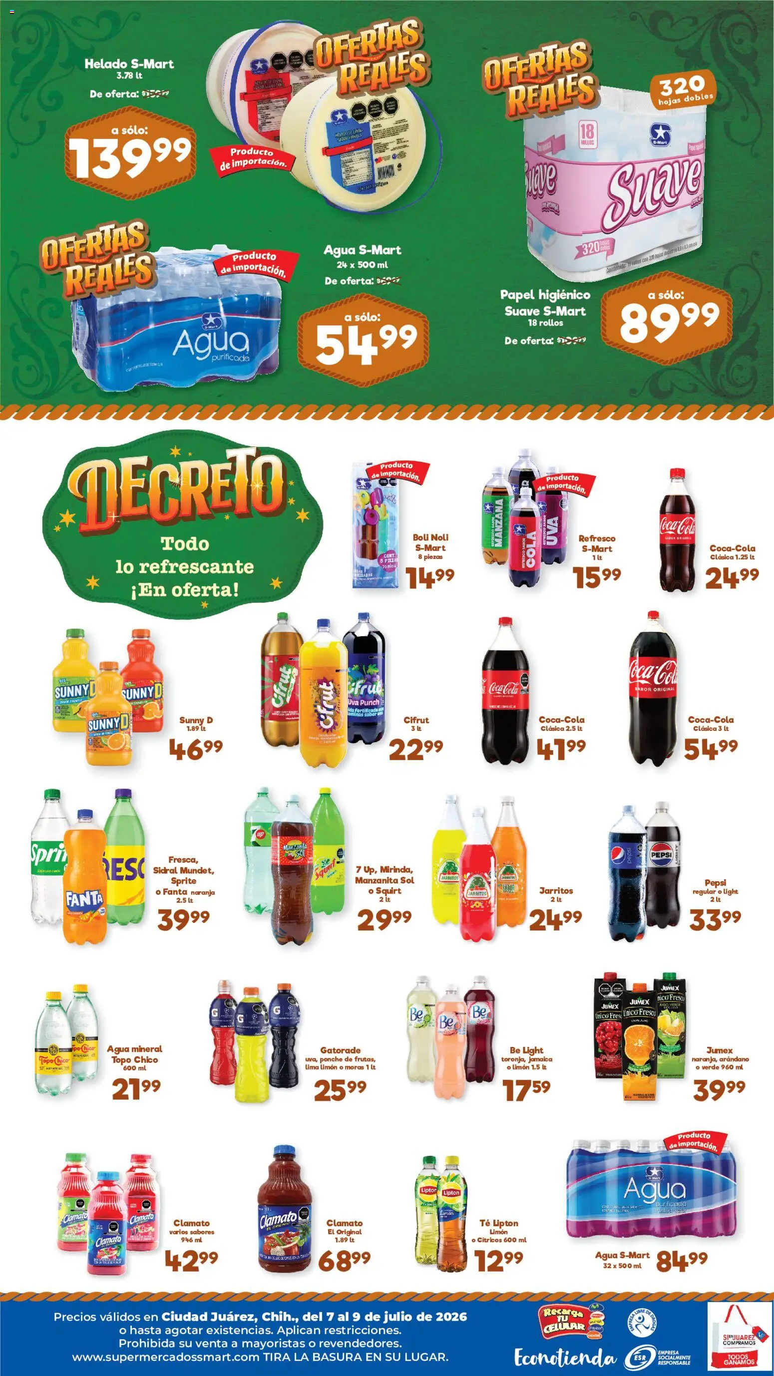 Nuevas ofertas de S-Mart válidas en toda la República Mexicana desde el 07/07/2026. ¡Encuentra las mejores ofertas en S-Mart folleto Ofertas de feria Juárez! | Página: 2 | Productos: Refresco, Manzana, Col, Helado
