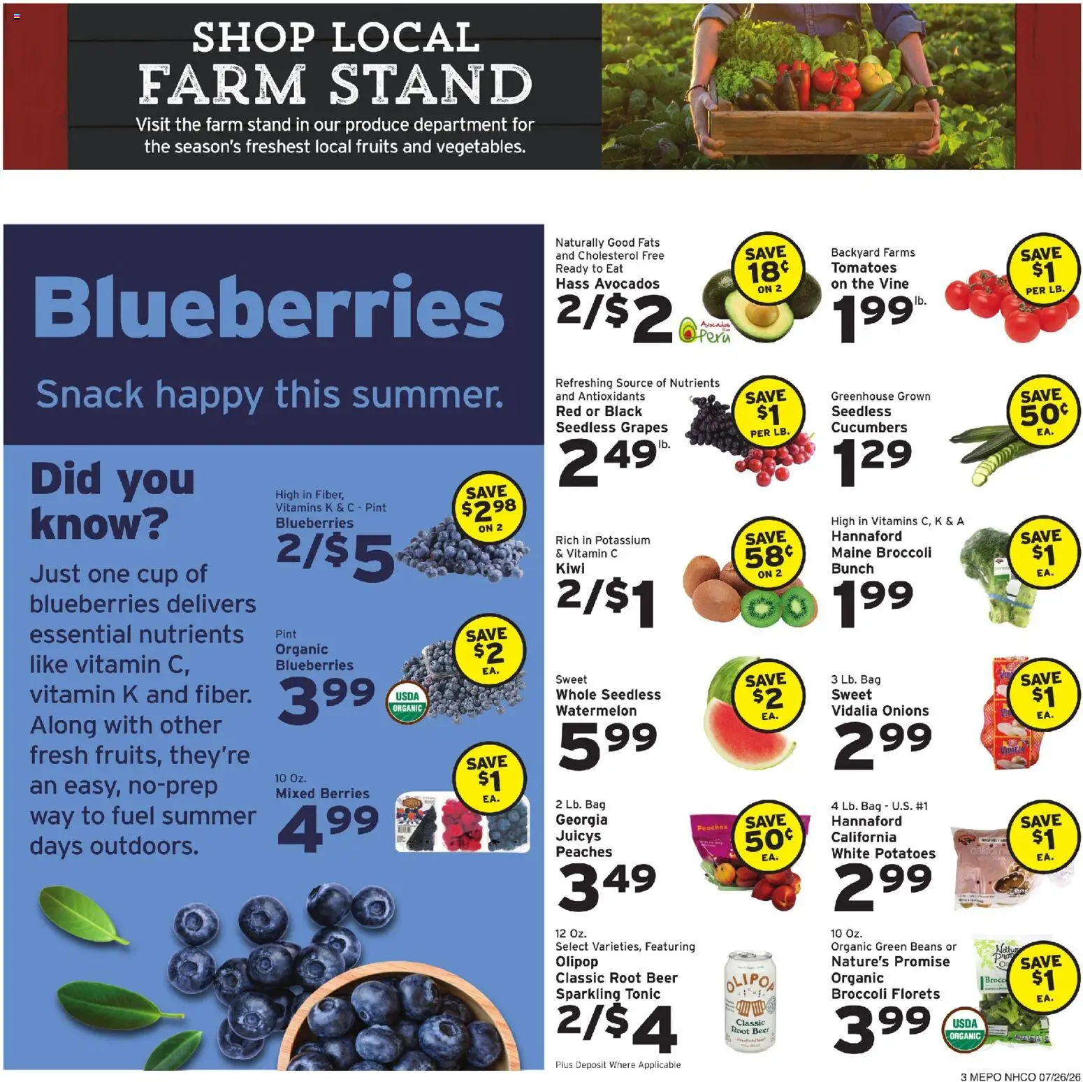 Hannaford Weekly Ad - valid from 07/26/2026 | Page: 3 | Products: Broccoli, Peaches, Potatoes, Blueberries
