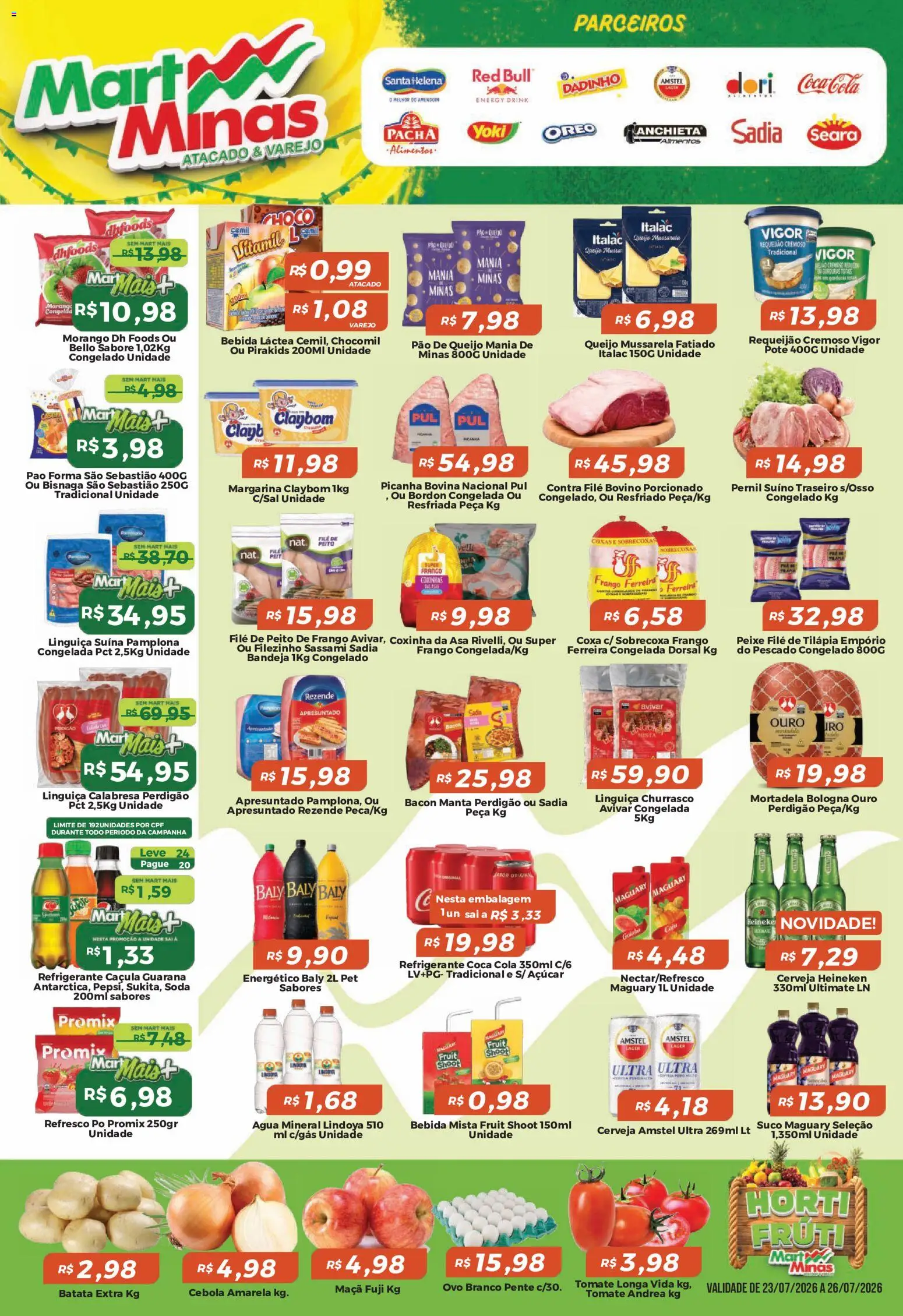 Mart Minas Folheto - válido de 23/07/2026 | Página: 2 | Produtos: Água mineral, Batata, Frango, Margarina