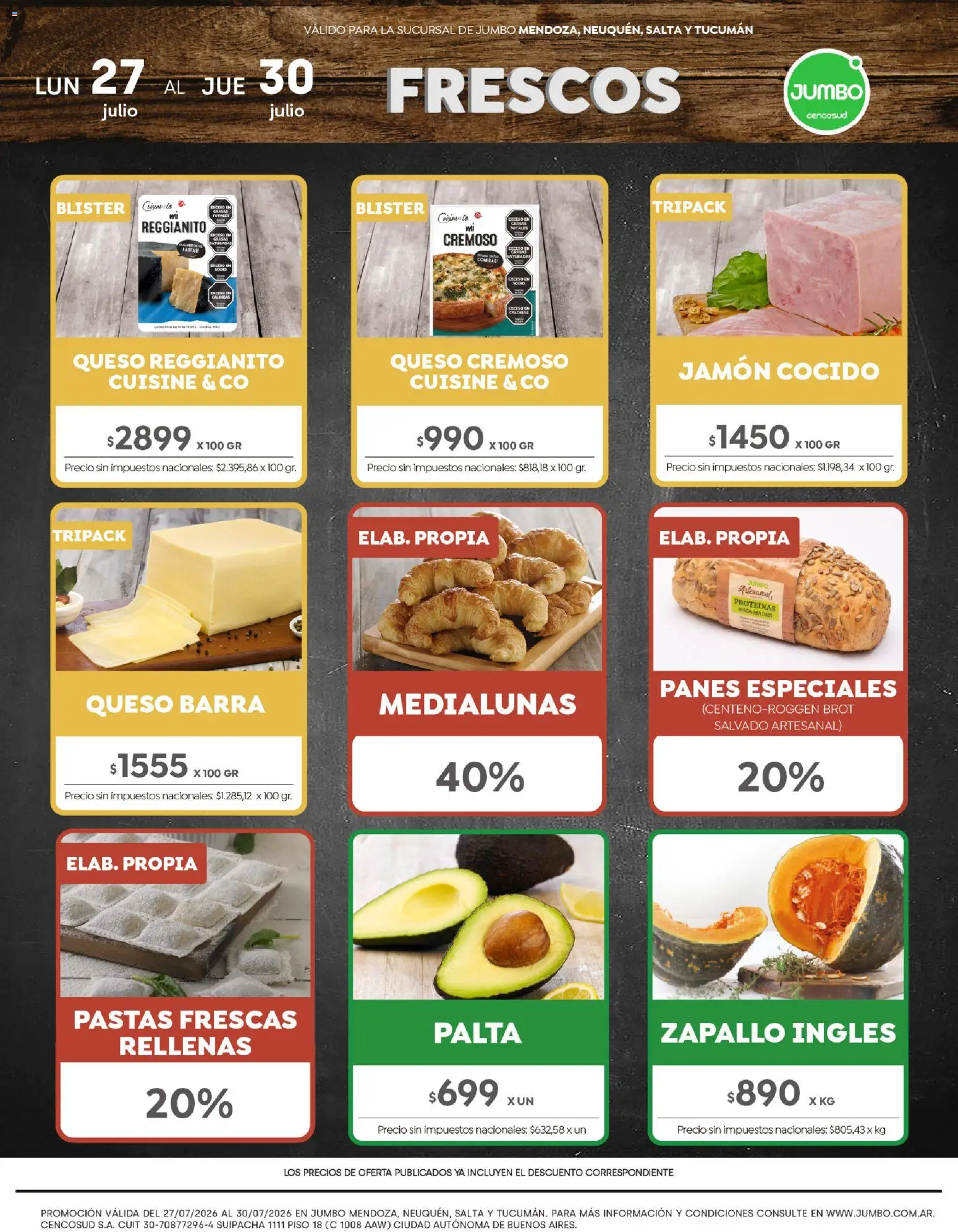 Jumbo - Ofertas | Interior │ válido desde el 27/07/2026 | Página: 1 | Productos: Zapallo, Jamón cocido, Palta, Queso