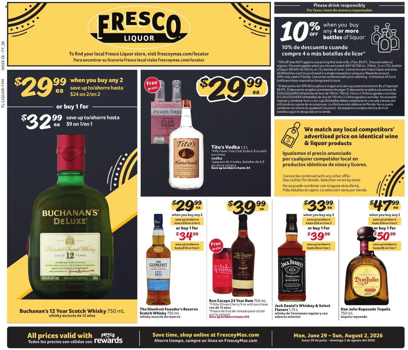 Fresco y Más Alcohol Flyer - valid from 06/29/2026 | Page: 1 | Products: Wine, Vodka, Whiskey
