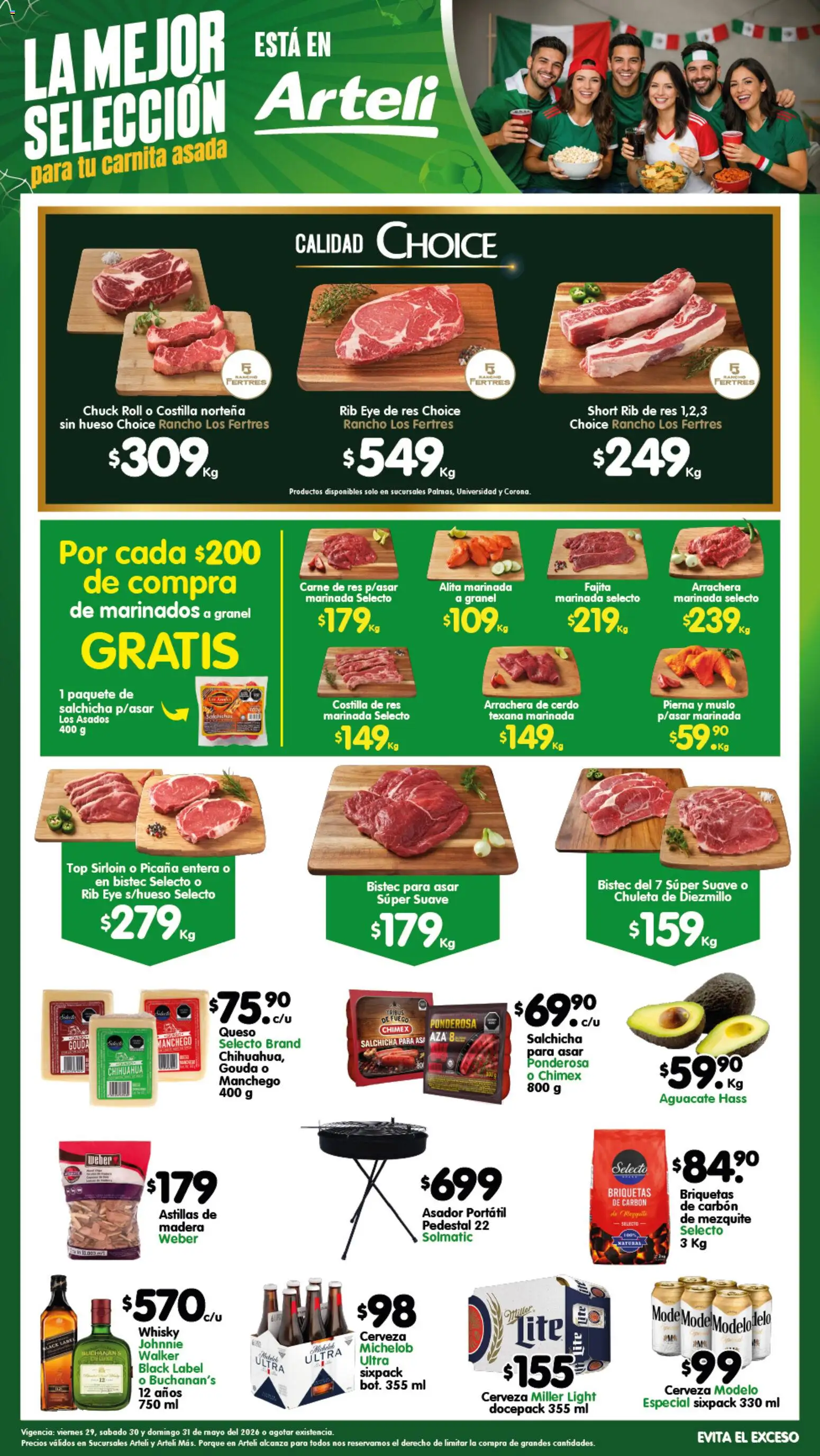 Nuevas ofertas de Arteli válidas en toda la República Mexicana desde el 29.05.2026. ¡Encuentra las mejores ofertas en Arteli folleto Carnes & Cortes! | Página: 1 | Productos: Salchicha, Cerveza, Top, Whisky