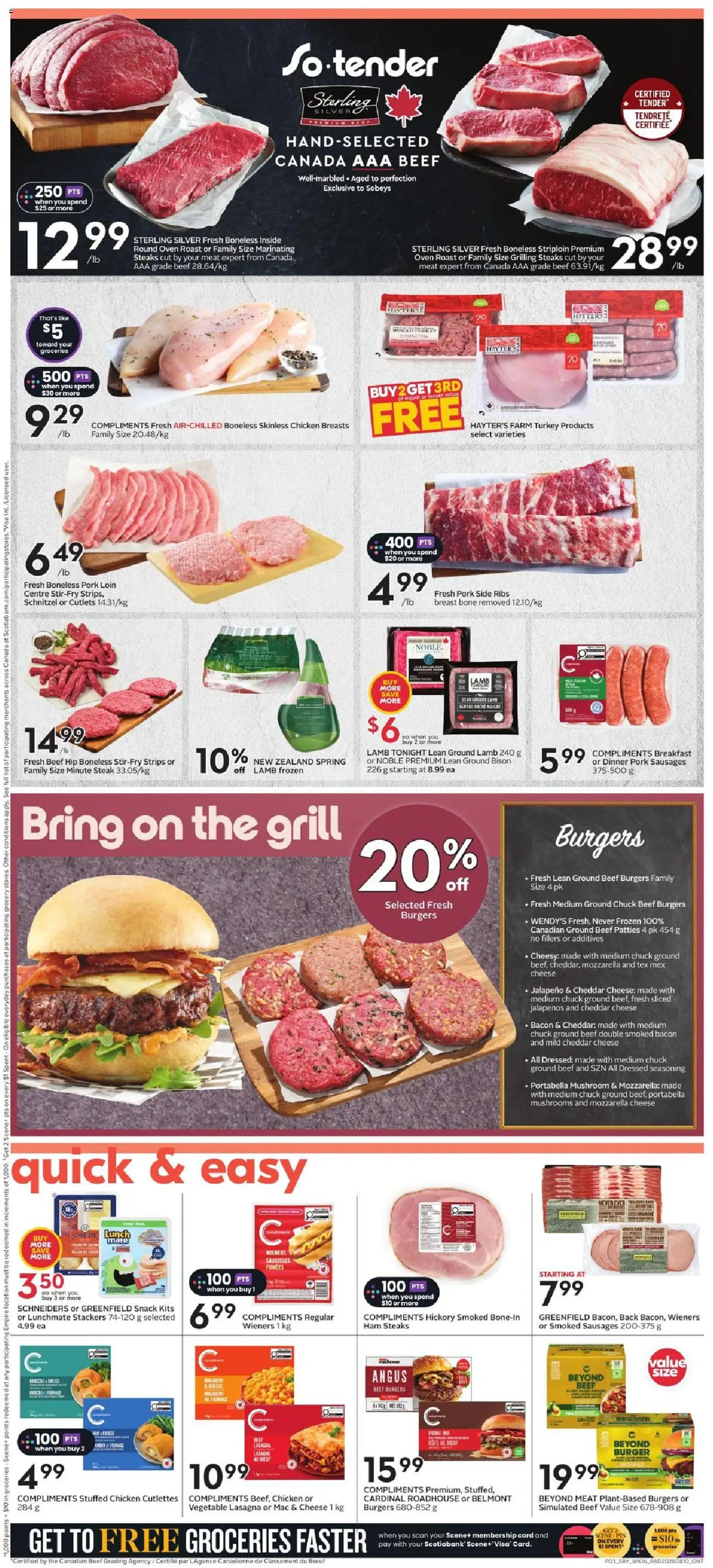 Sobeys flyer valid from Aug 13, 2026 | Page: 6 | Products: Bacon, Ground beef, Ham, Chicken