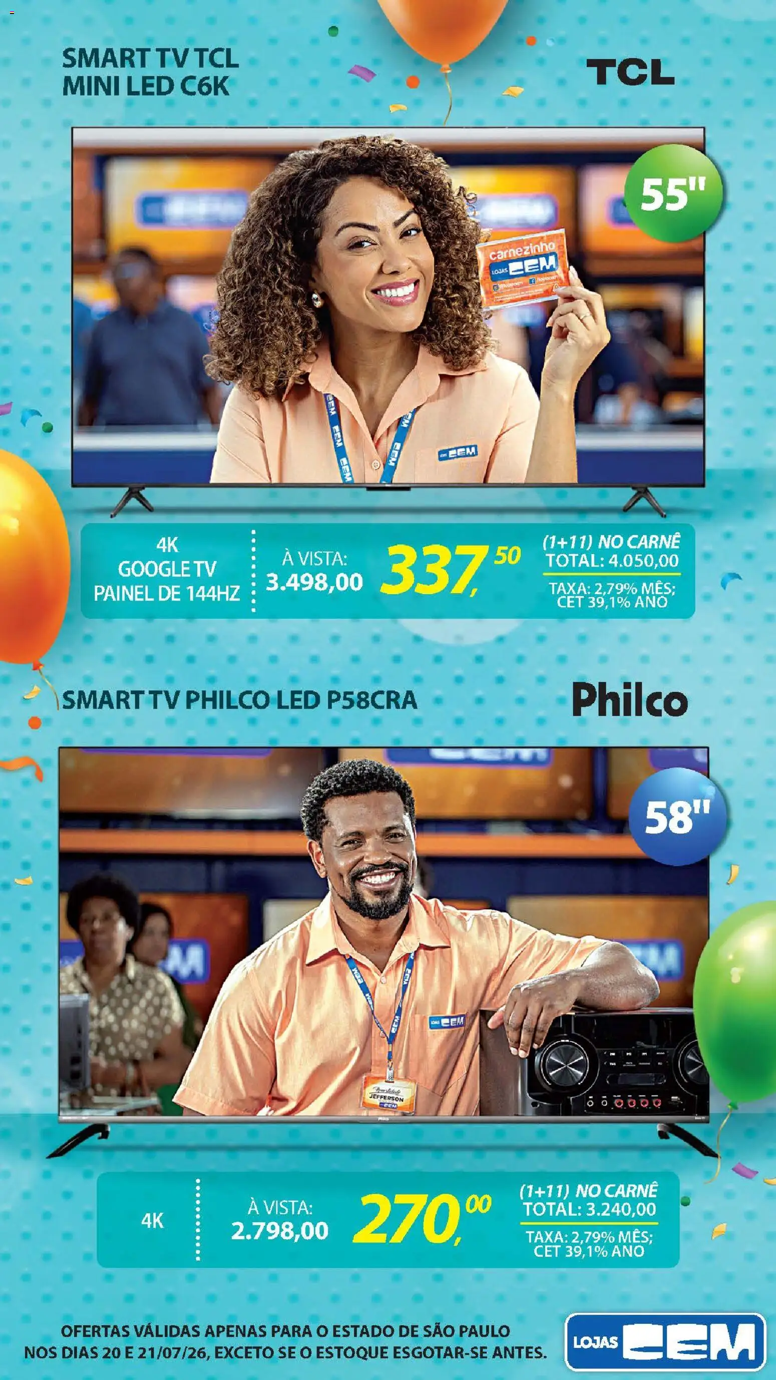 Lojas Cem Folheto - válido de 20/07/2026 | Página: 21 | Produtos: smart TV, Tv, Carne