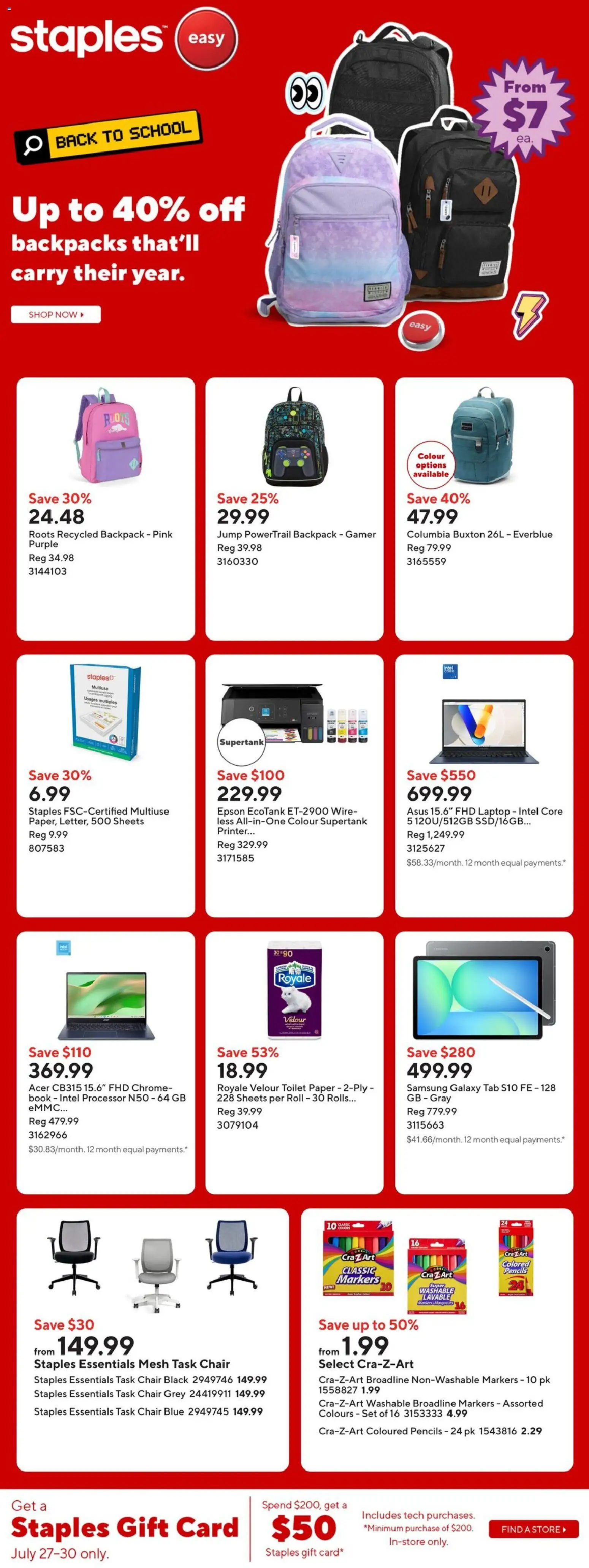 Staples flyer valid from Jul 24, 2026 | Page: 1 | Products: Backpack, Printer, Chair