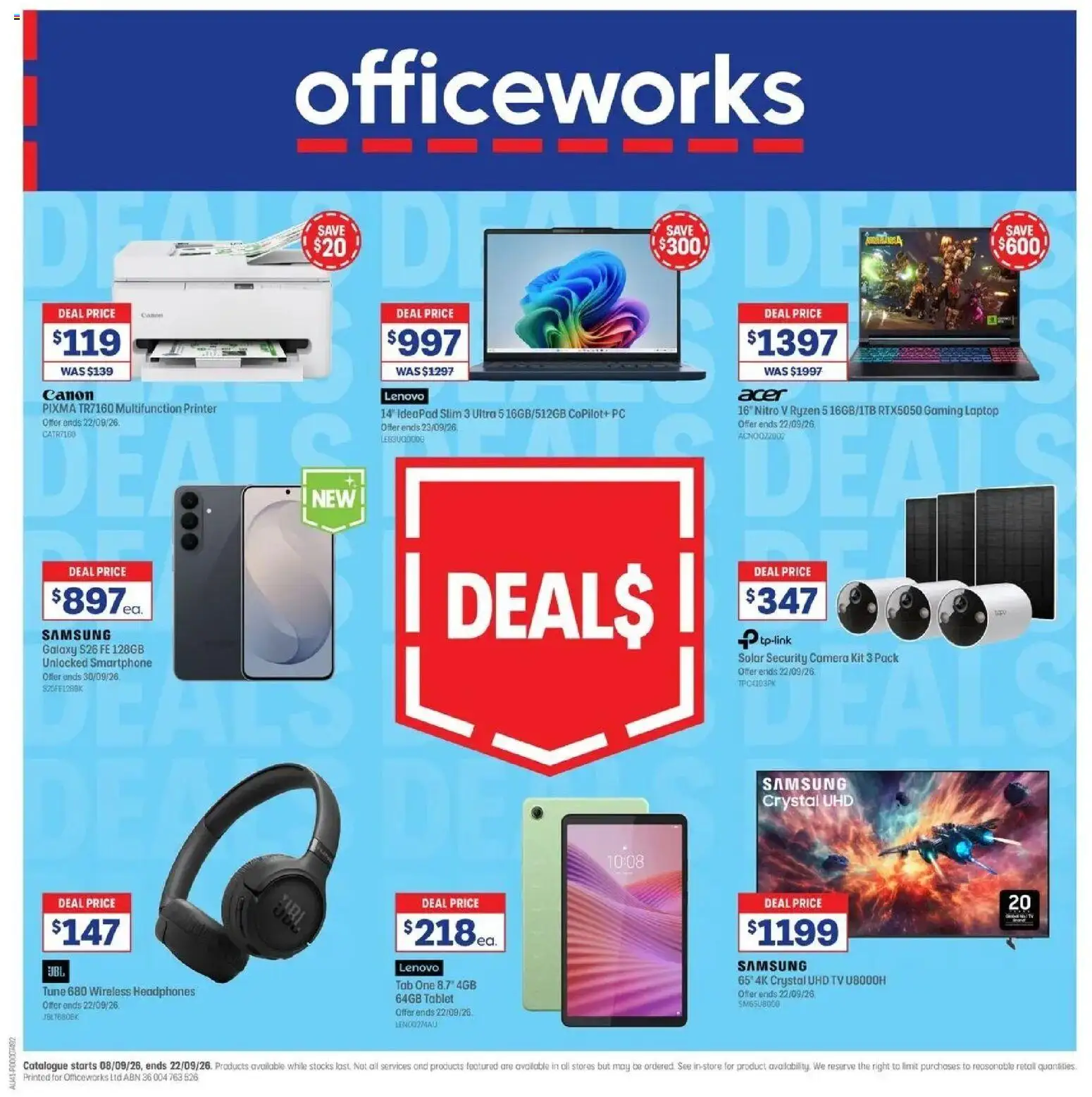 Officeworks Deals - 08/09/2026 > weekly / monthly specials | Page: 1 | Products: Pc, Printer, Tv, Headphones
