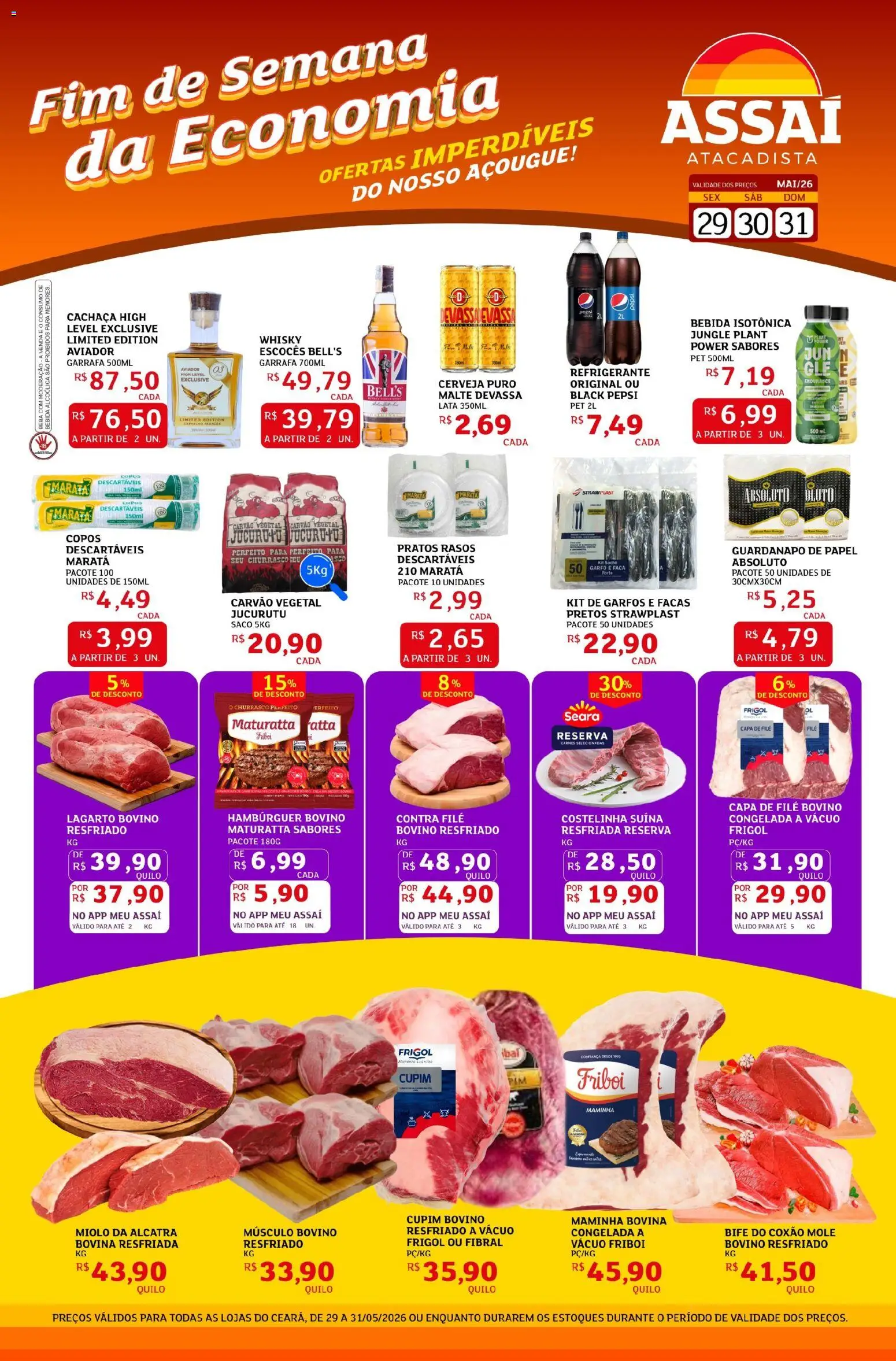Assaí Atacadista Folheto - válido de 29.05.2026 | Página: 1 | Produtos: Carvão vegetal, Copos descartáveis, Bebida, Guardanapo