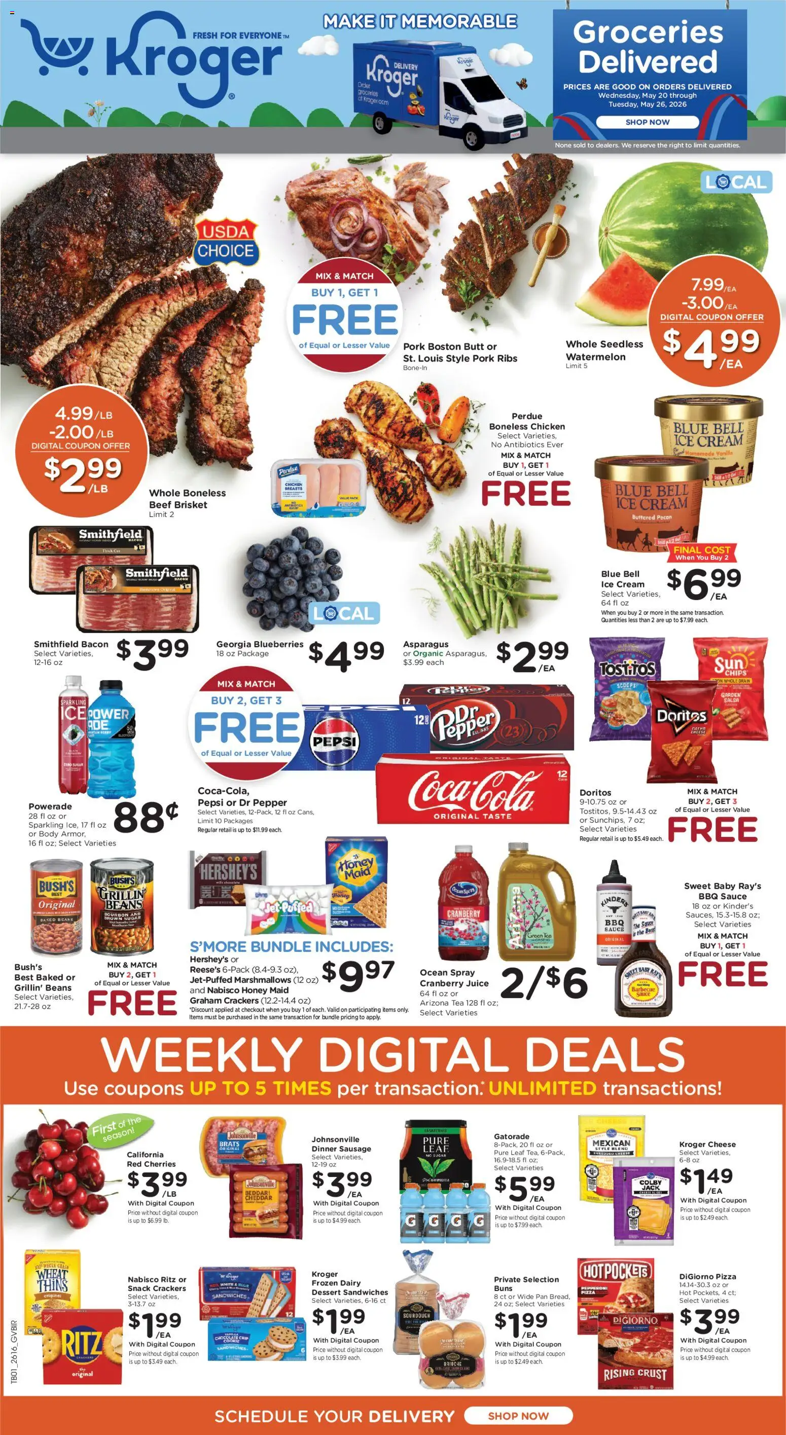 Kroger Ad - valid from 20.05.2026 | Page: 1 | Products: Cherries, Asparagus, Cheese, Sausage