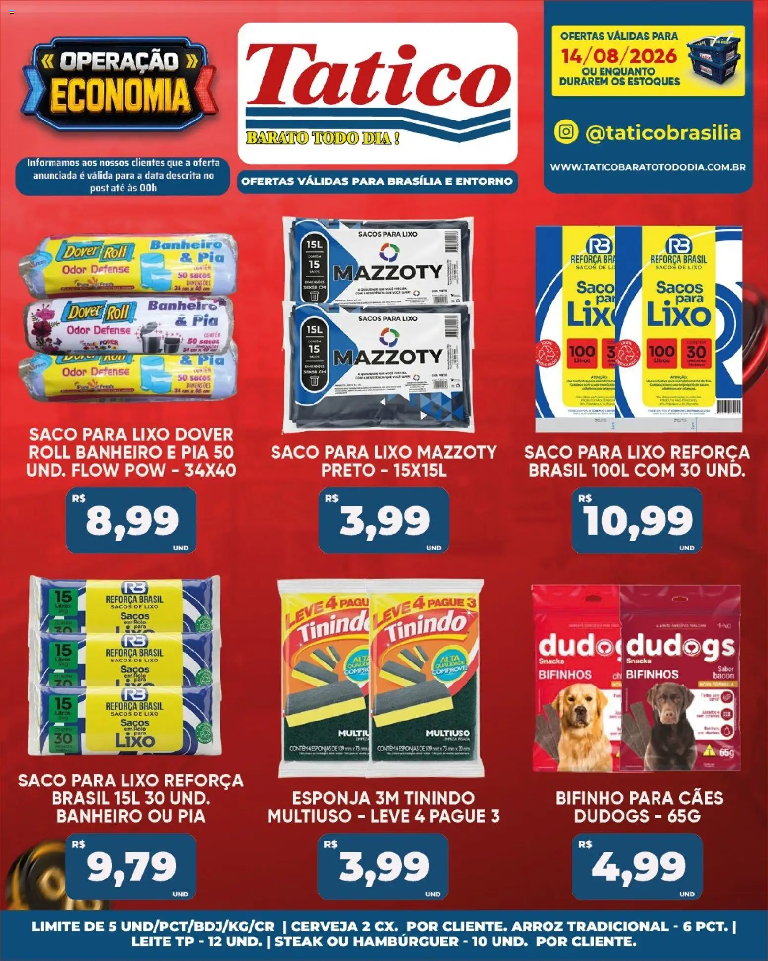 Tatico Folheto - válido de 14/08/2026 | Página: 22 | Produtos: Saco para lixo, Leite, Hambúrguer, Pá