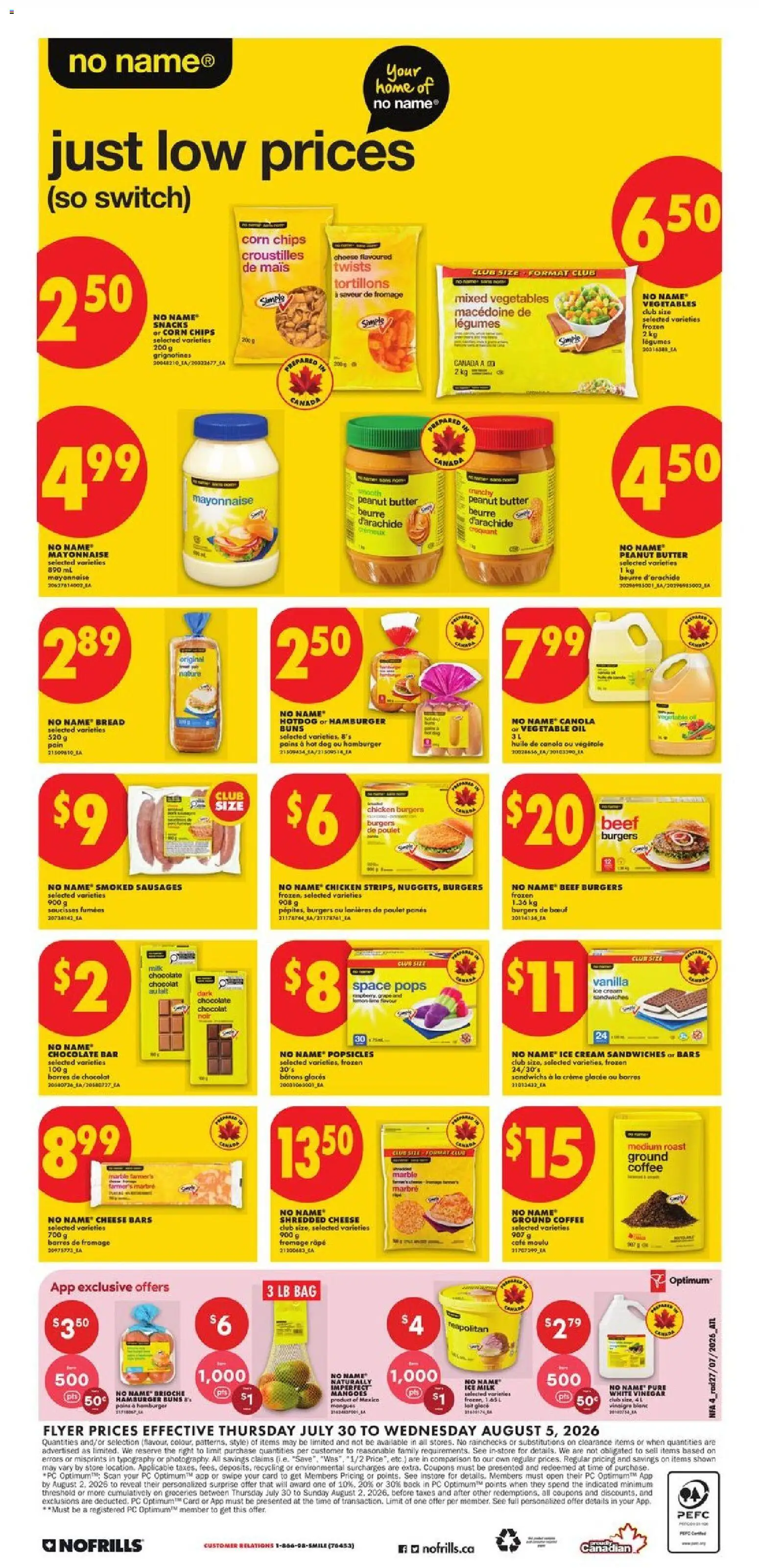 No Frills flyer valid from Jul 30, 2026 | Page: 5 | Products: Chips, Cream, Bag, Chocolate
