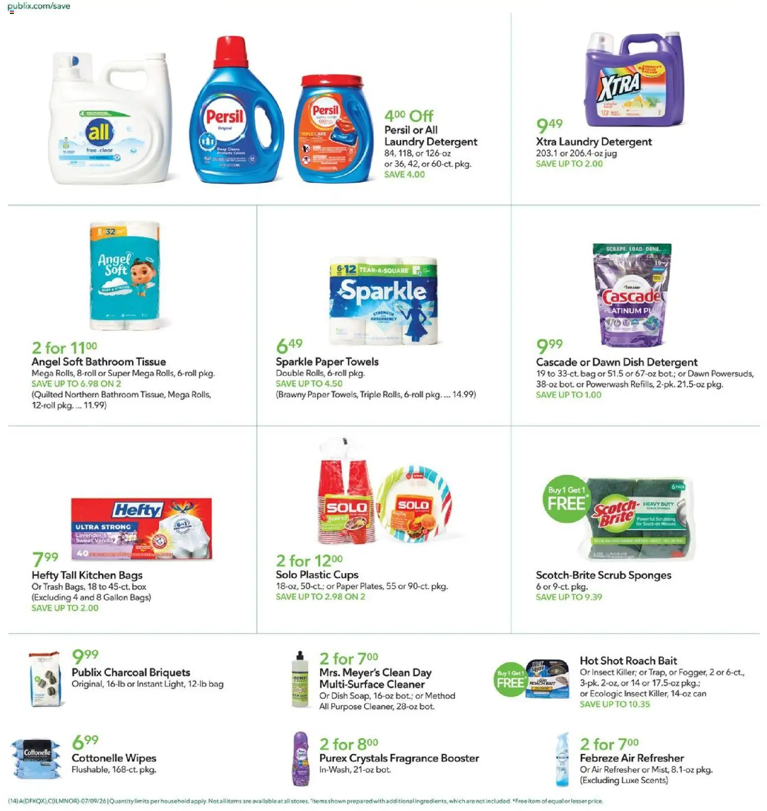 Publix Weekly Ad - valid from 07/08/2026 | Page: 14 | Products: Charcoal, Laundry detergent, Sponges, Paper towels