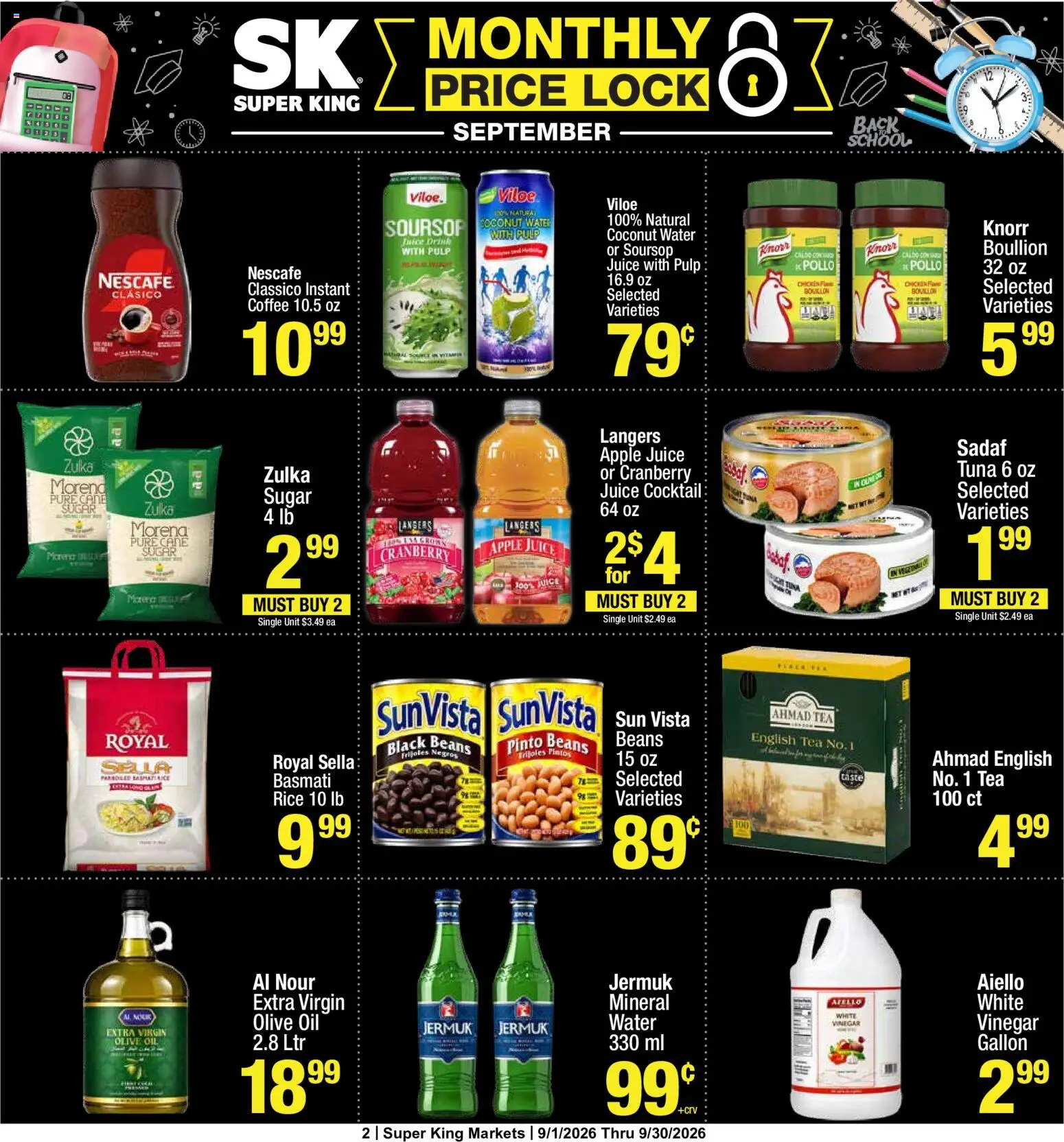 Super King Monthly Ad - valid from 09/01/2026 | Page: 2 | Products: Apple juice, Water, Sugar, Tuna