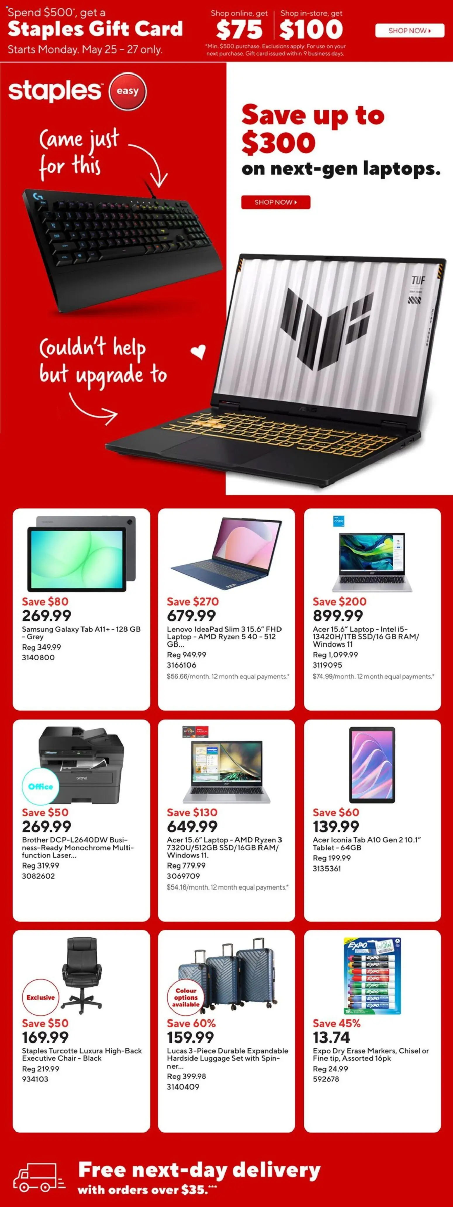 Staples flyer valid from 22.05.2026 | Page: 1 | Products: Luggage, Tablet, Chair