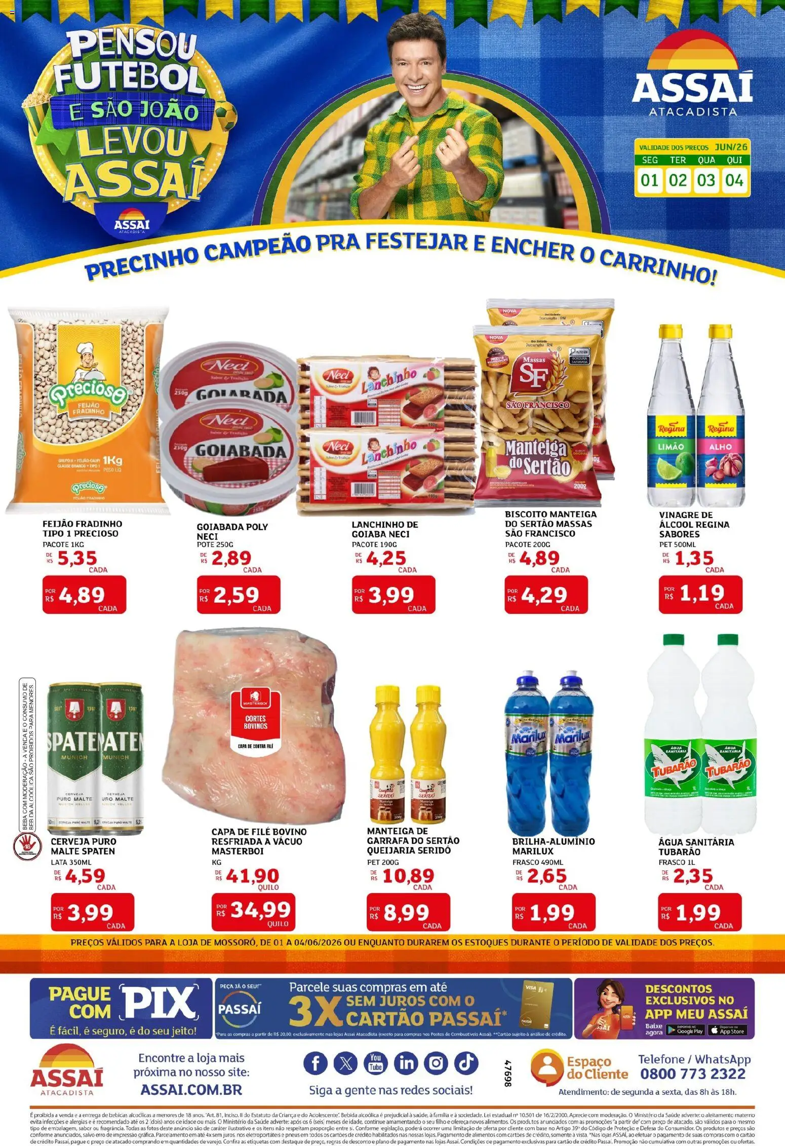Assaí Atacadista Folheto - válido de 01.06.2026 | Página: 1 | Produtos: Vinagre, Contra filé, Cerveja, Telefone