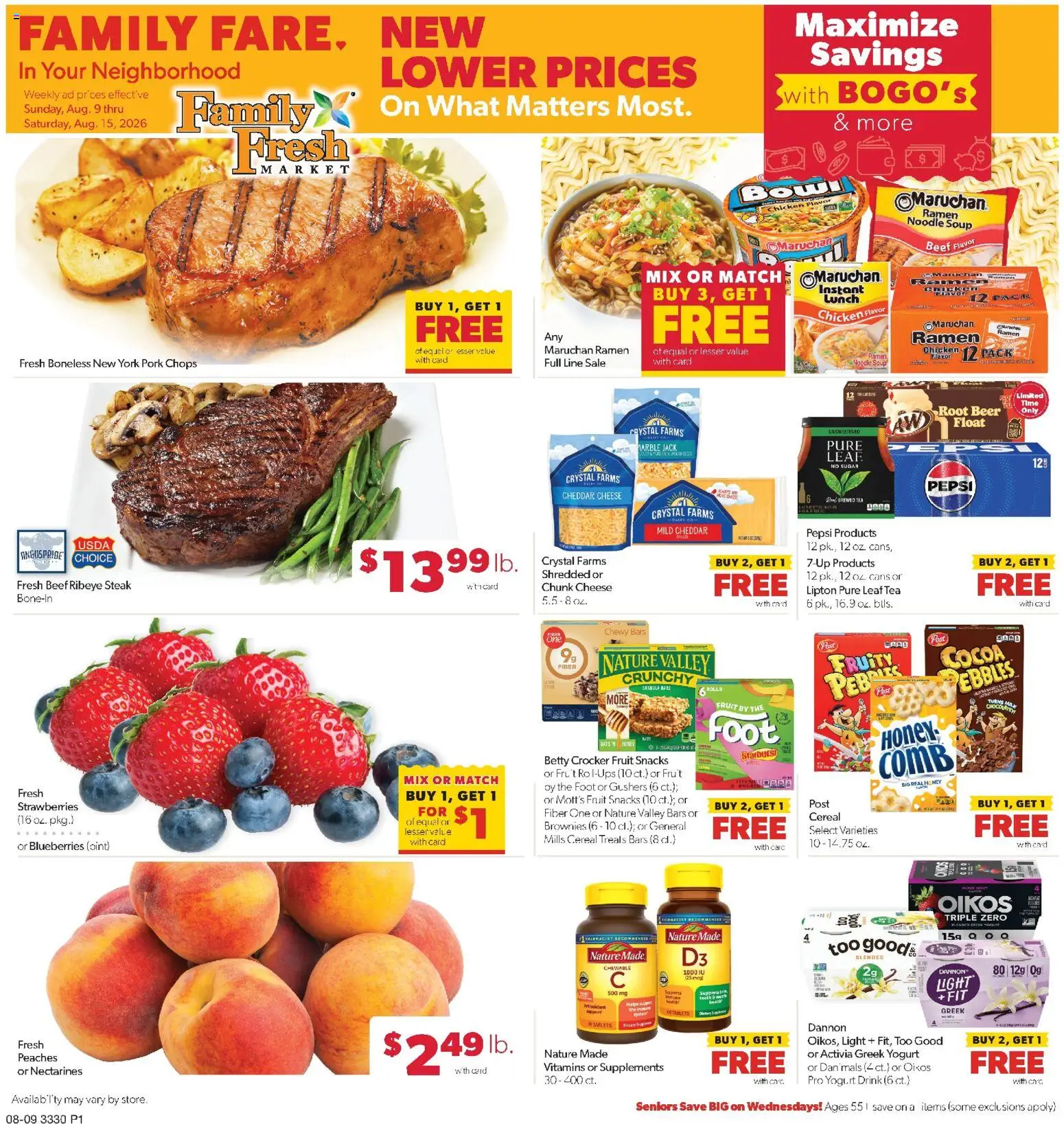 Family Fare Weekly Ad - MN - valid from 08/09/2026 | Page: 1 | Products: Cheese, Yogurt, Brownies, Cocoa