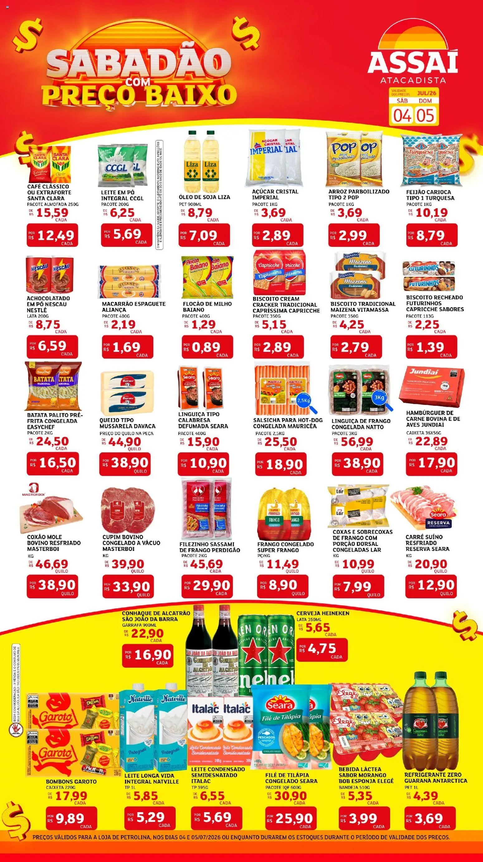 Assaí Atacadista Folheto - válido de 04/07/2026 | Página: 1 | Produtos: Feijão, Conhaque, Linguiça, Cerveja Heineken