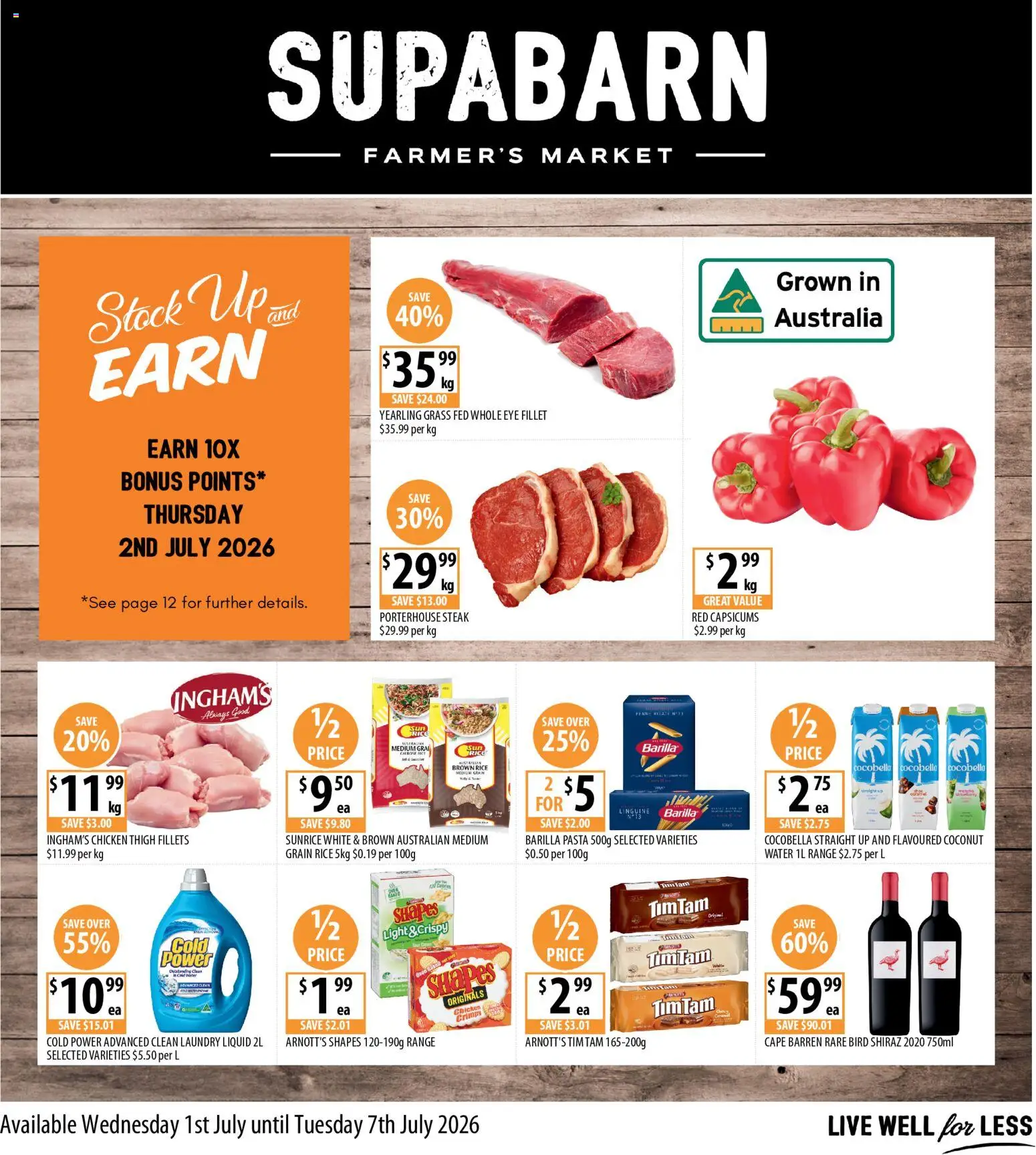 Supabarn catalogue - valid from 01/07/2026 | Page: 1 | Products: Chicken, Rice, Pasta, Water