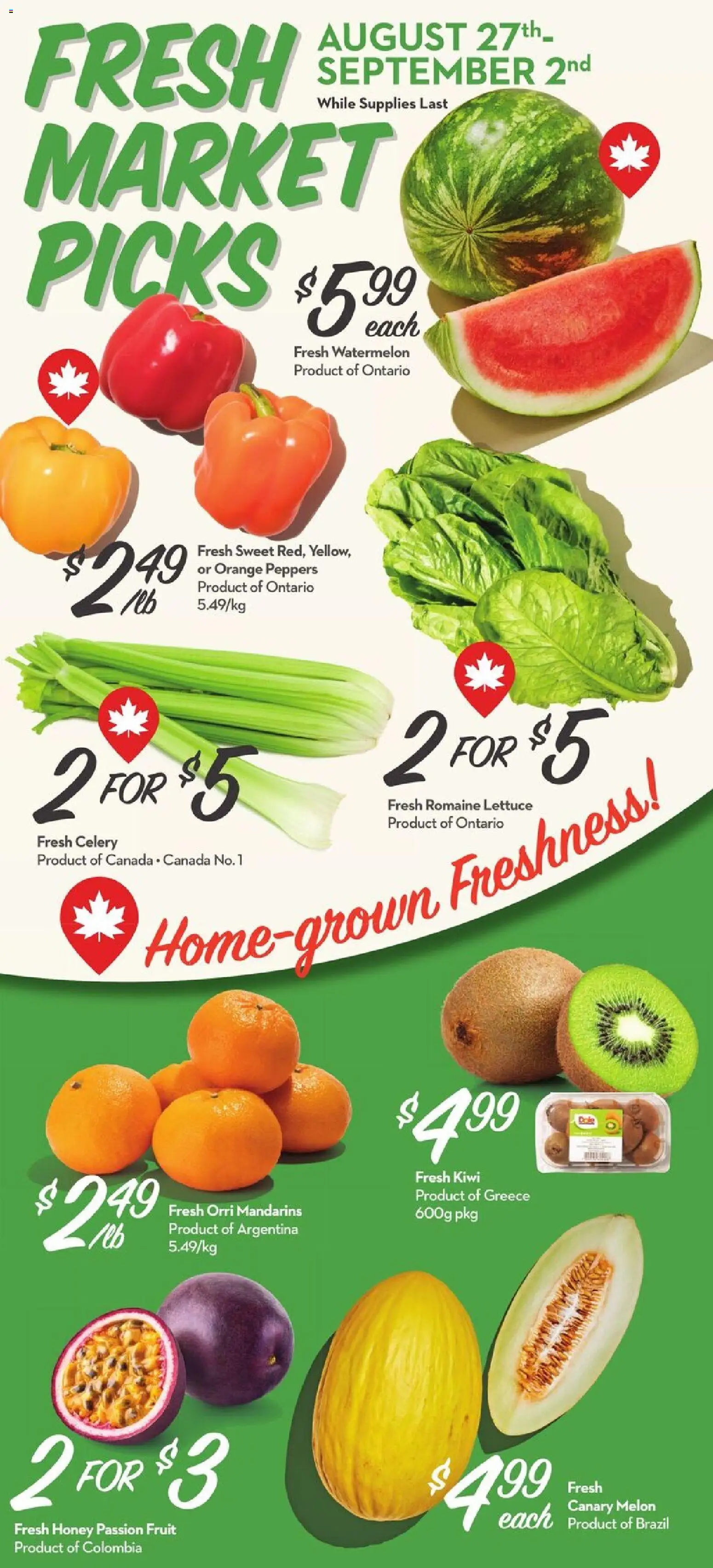Longo's flyer valid from Aug 27, 2026 | Page: 2 | Products: Kiwi, Fruit, Celery, Watermelon
