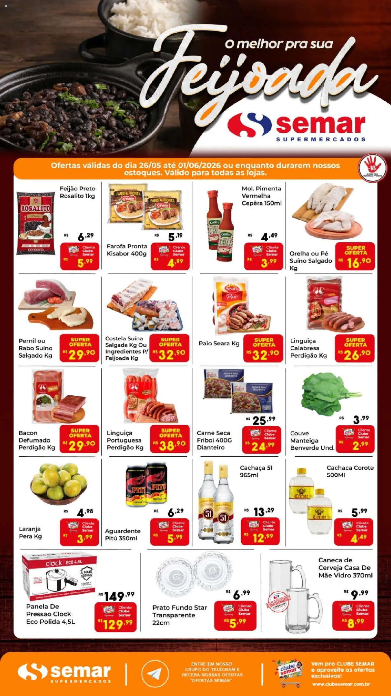 Semar Supermercado Folheto - válido de 26.05.2026 | Página: 1 | Produtos: Cachaça, Panela, Linguiça, Farofa