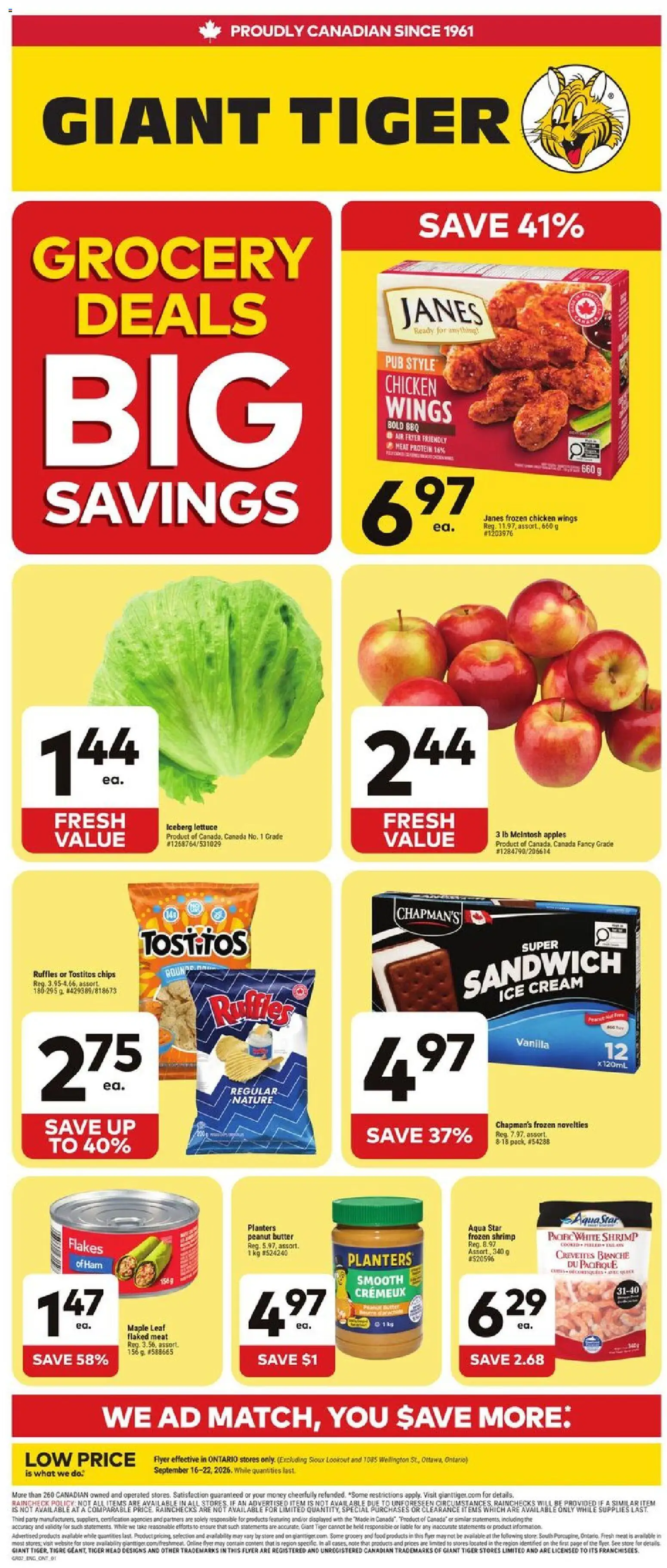 Giant Tiger flyer valid from Sep 16, 2026 | Page: 1 | Products: Chicken wings, Frozen chicken, Peanut butter, Vanilla