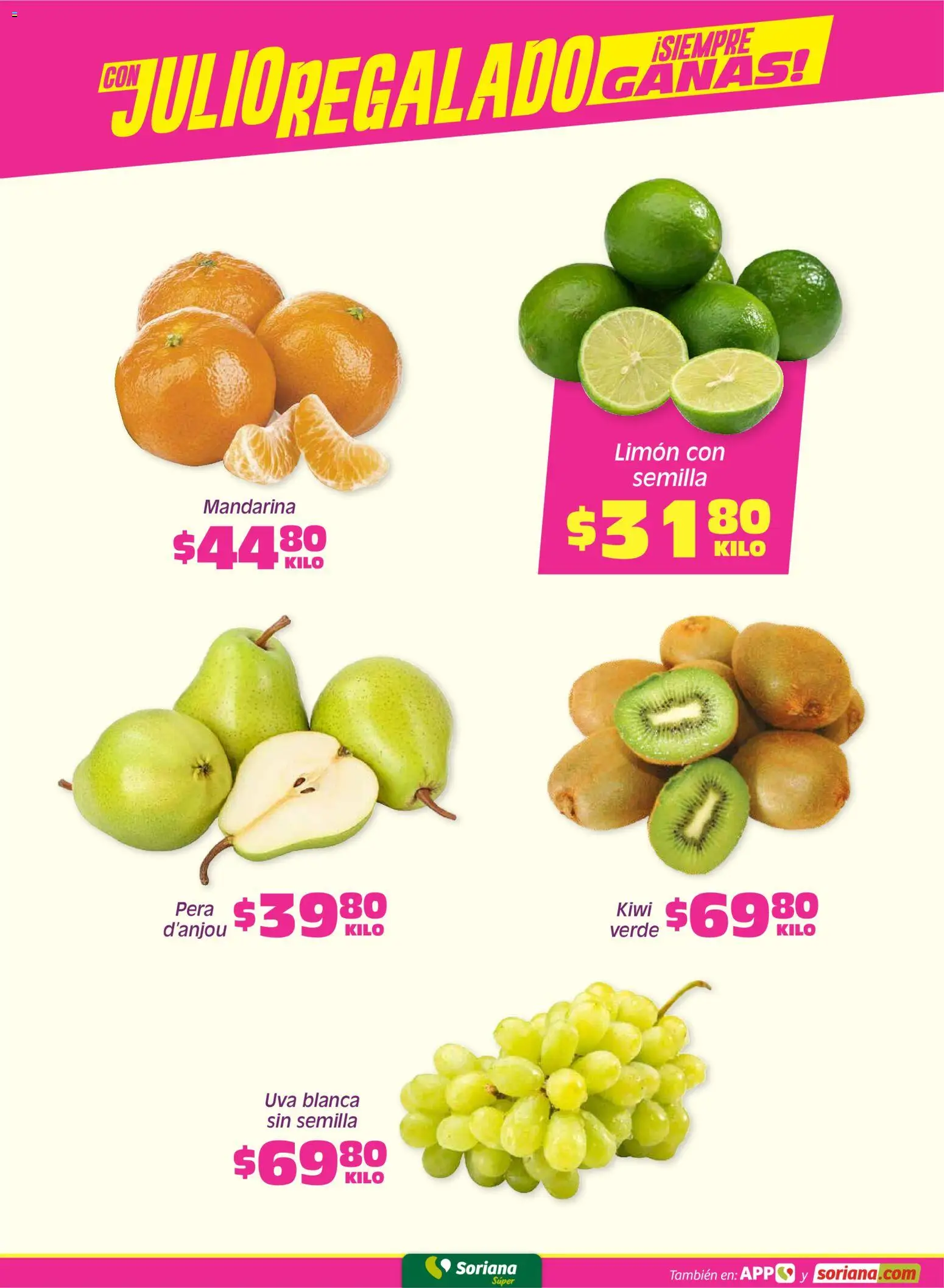 Nuevas ofertas de Soriana válidas en toda la República Mexicana desde el 10/07/2026. ¡Encuentra las mejores ofertas en Soriana Fin de Semana Súper: Tijuana, Mexicali, Ensenada, San Luis Río Colorado y Tecate! | Página: 3 | Productos: Pera, Limón, Uva, Kiwi