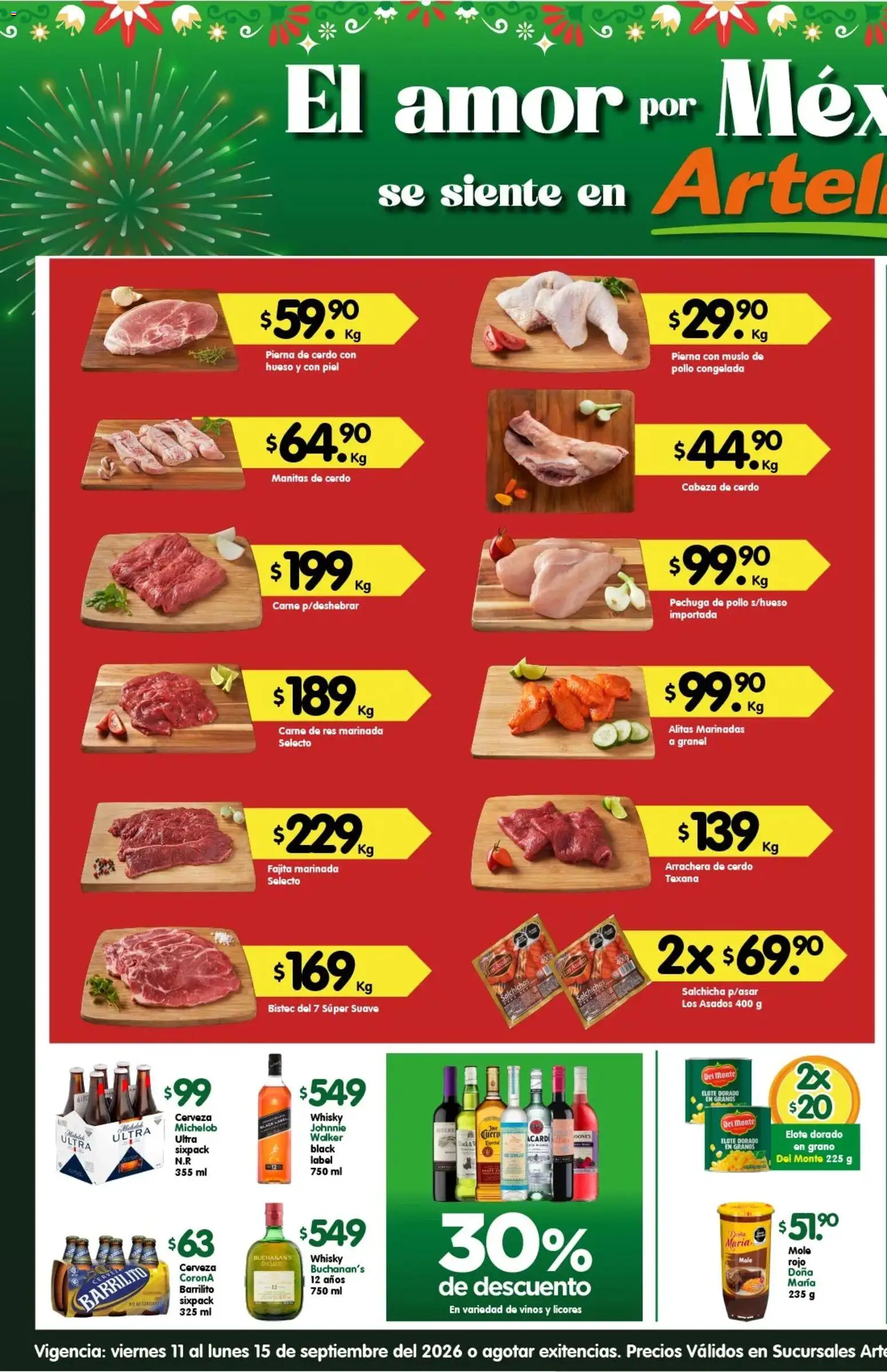 Nuevas ofertas de Arteli válidas en toda la República Mexicana desde el 11/09/2026. ¡Encuentra las mejores ofertas en Arteli folleto Arteli (Fiestas patrias)! | Página: 1 | Productos: Cerveza, Carne, Carne de res, Whisky