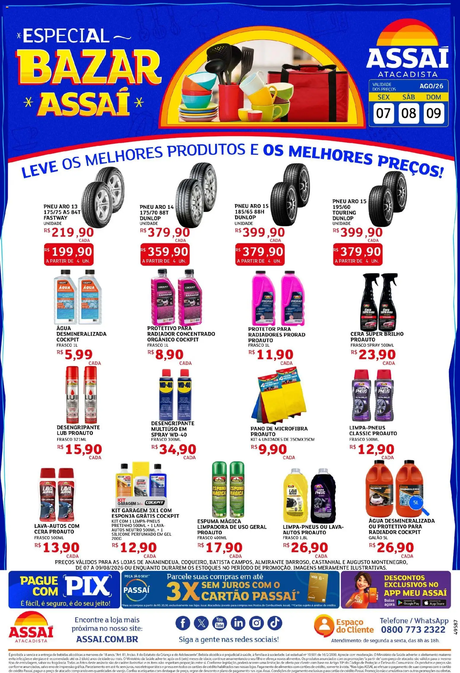 Assaí Atacadista Folheto - válido de 07/08/2026 | Página: 1 | Produtos: Pneu, Esponja, Alimentos, Água