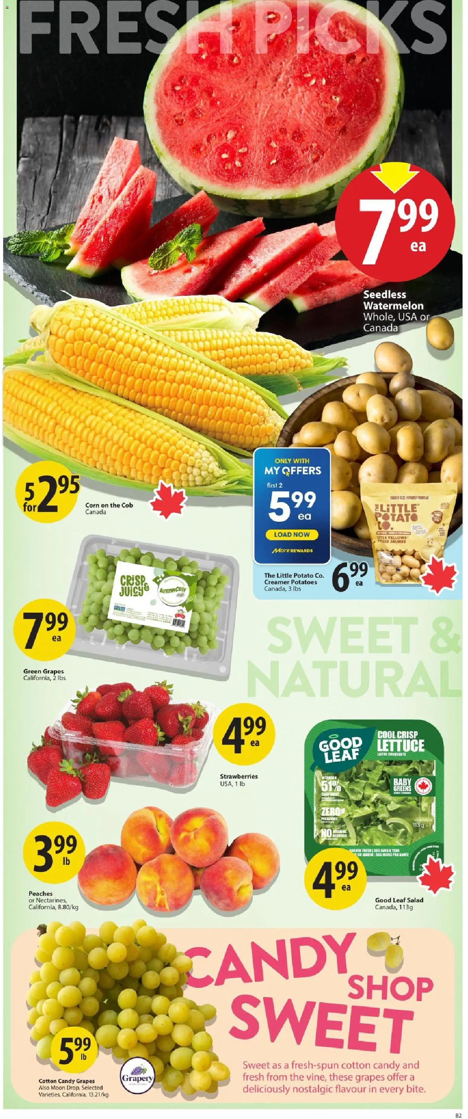 Save on foods flyer valid from Aug 27, 2026 | Page: 8 | Products: Potatoes, Peaches, Seedless watermelon, Grapes