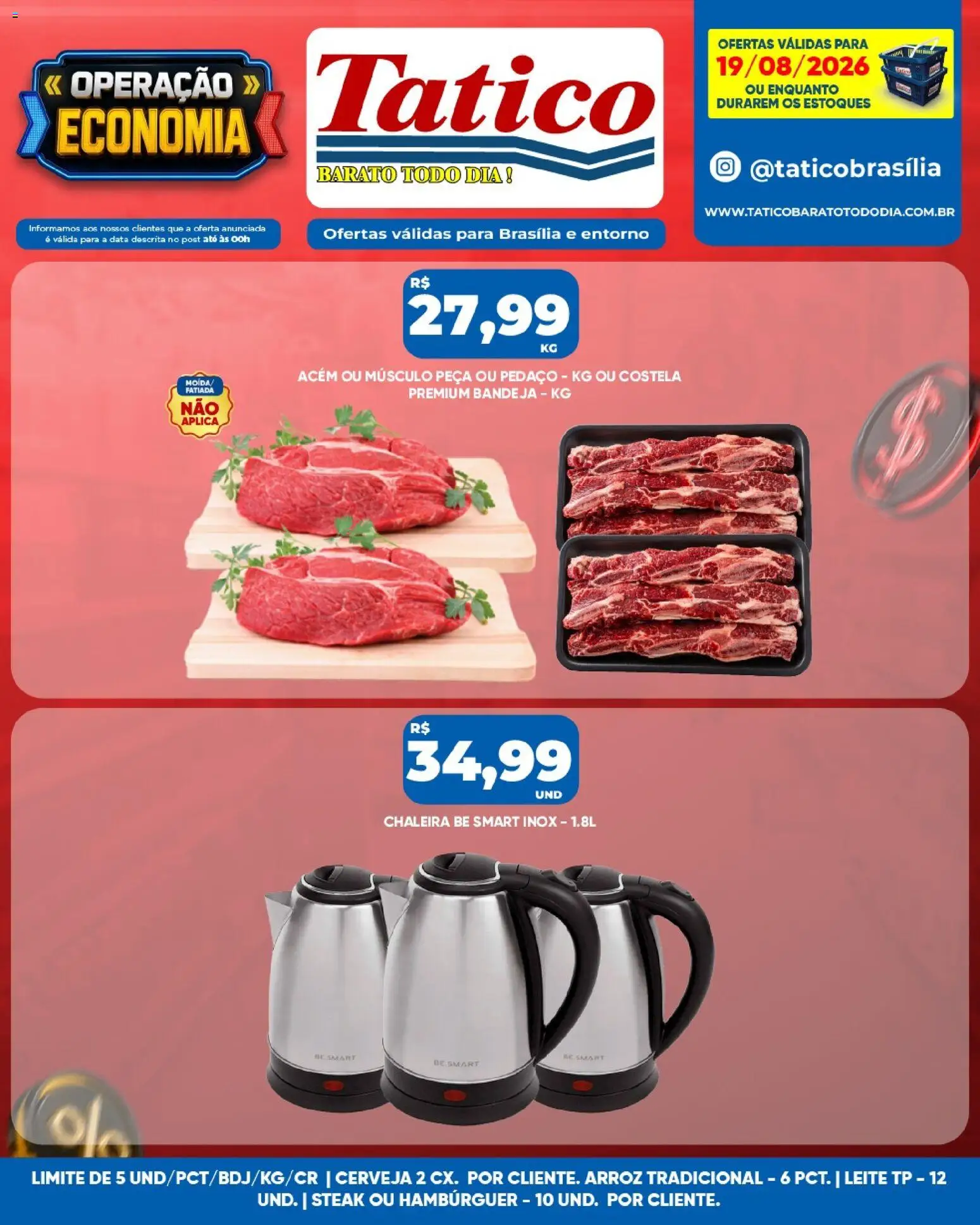 Tatico Folheto - válido de 19/08/2026 | Página: 12 | Produtos: Chaleira, Steak, Arroz, Hambúrguer