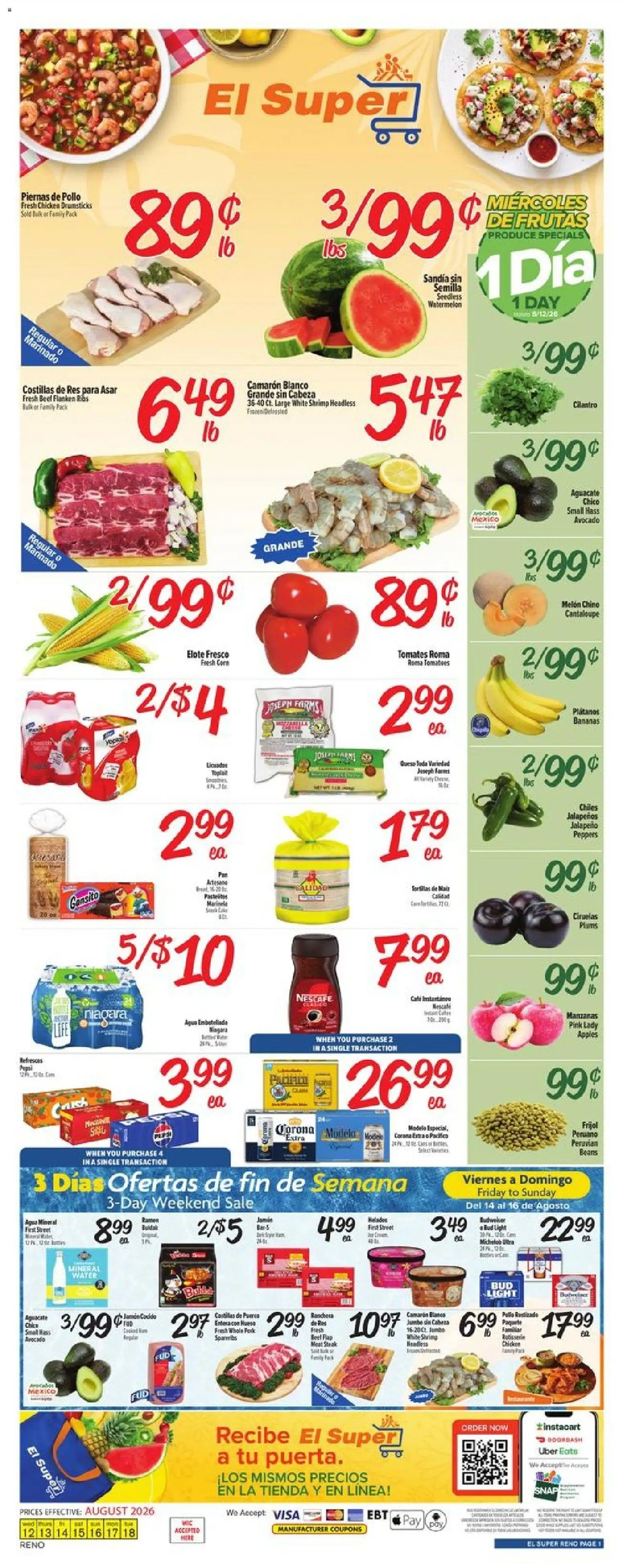 El Super Weekly Ad - NV - valid from 08/12/2026 | Page: 1 | Products: Chicken drumsticks, Pork, Bananas, Watermelon