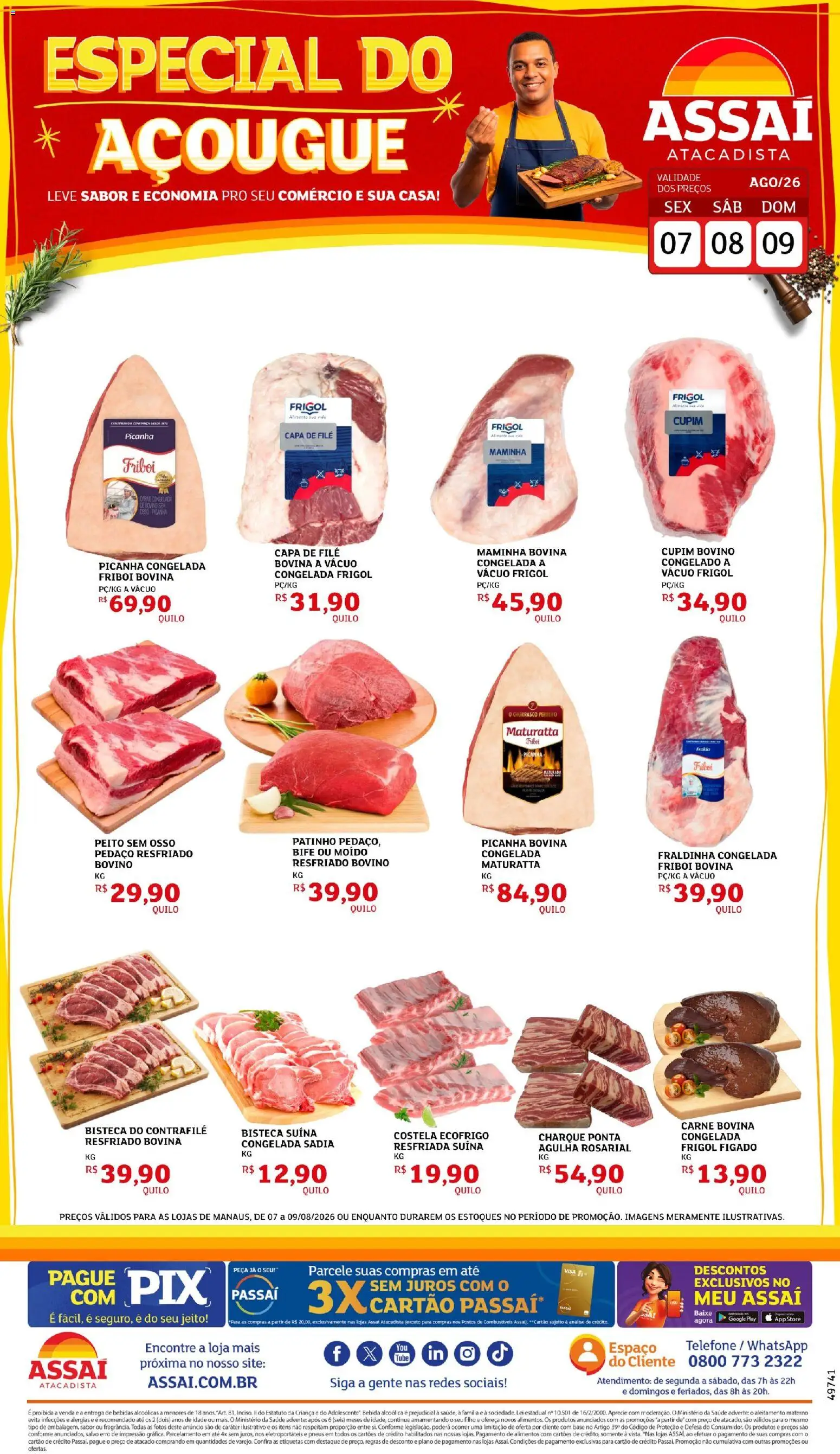Assaí Atacadista Folheto - válido de 07/08/2026 | Página: 1 | Produtos: Carne bovina, Fraldinha, Pneus, Telefone