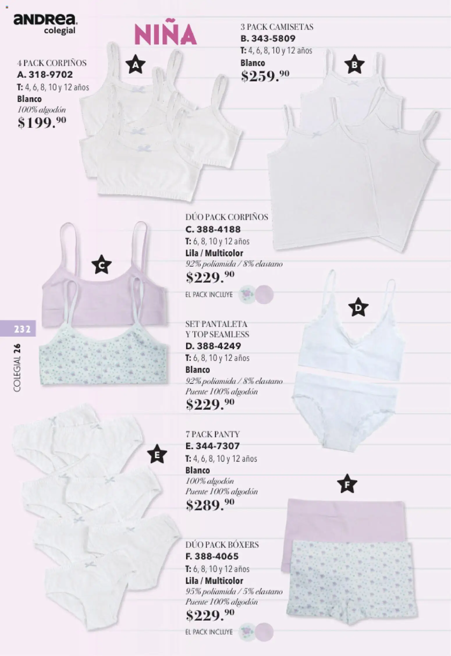 Nuevas ofertas de Andrea válidas en toda la República Mexicana desde el 23/05/2026. ¡Encuentra las mejores ofertas en Andrea catálogo Colegial! | Página: 232 | Productos: Boxers, Algodón, Top