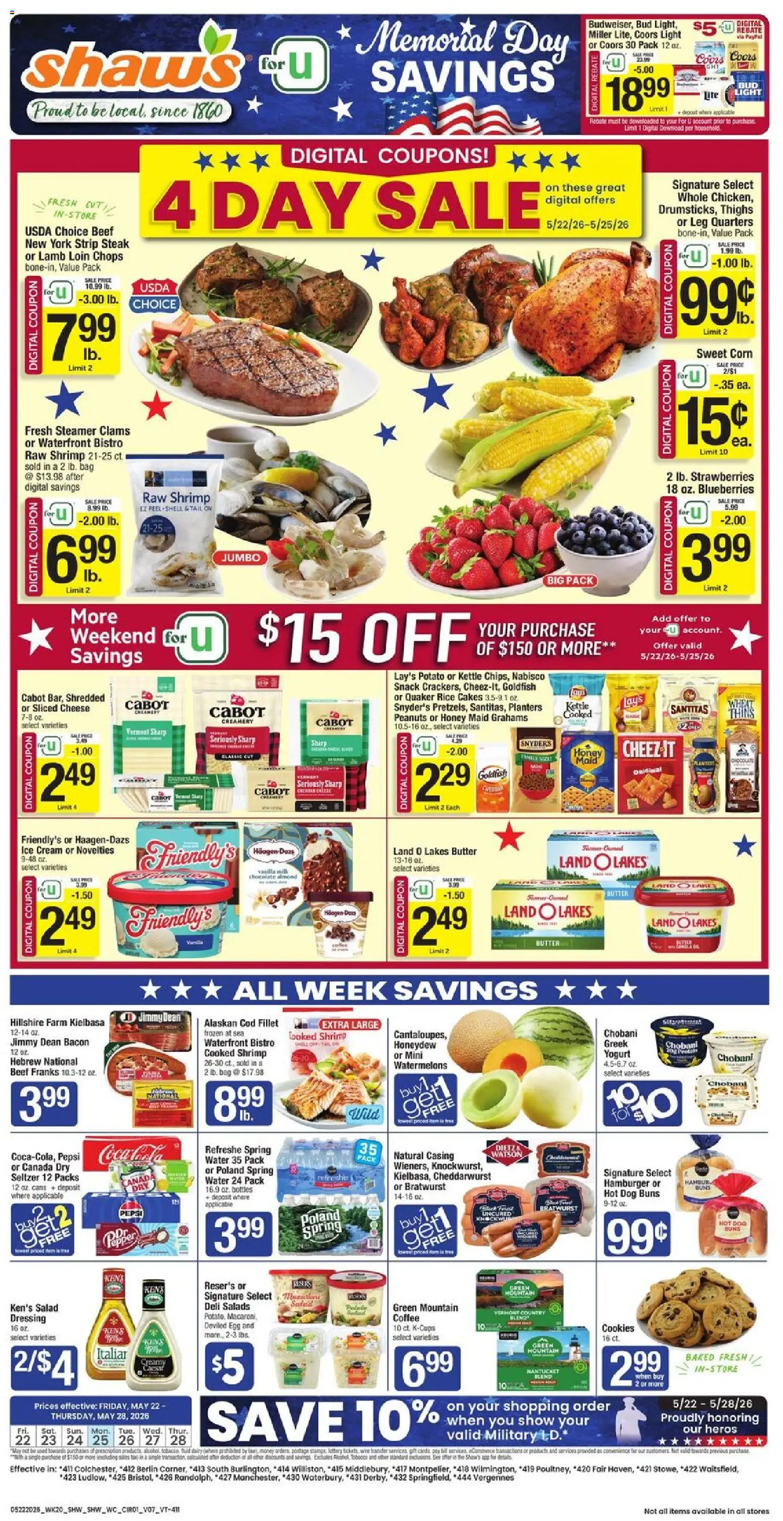 Shaw's Weekly Ad - VT - valid from 22.05.2026 | Page: 1 | Products: Butter, Cheese, Cream, Cookies
