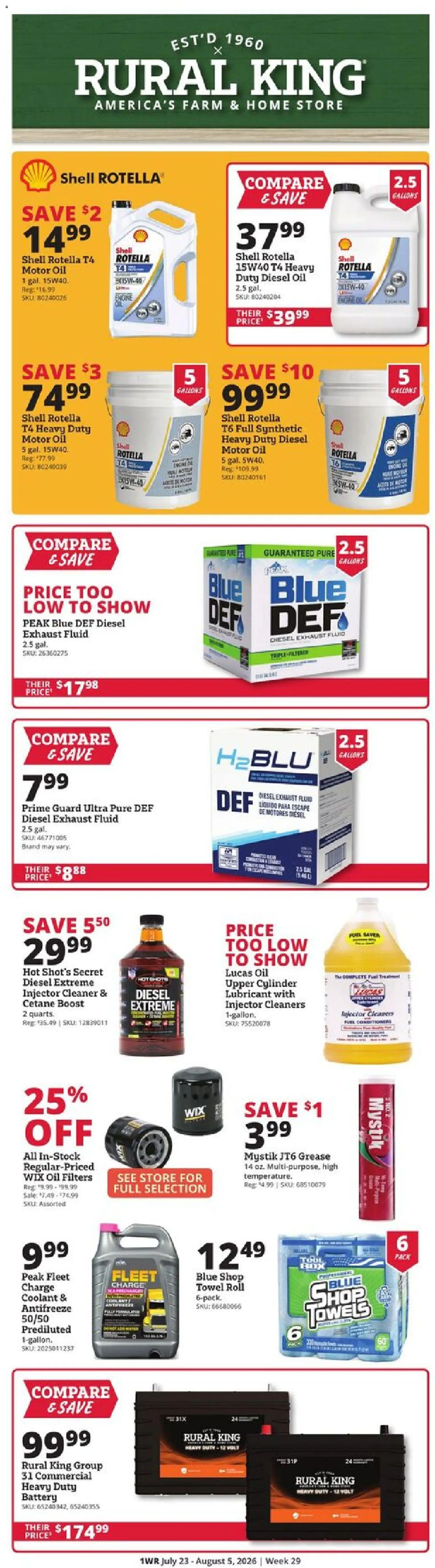 Rural King Weekly Ad - valid from 07/23/2026 | Page: 1 | Products: Battery, Oil, Antifreeze, Motor Oil