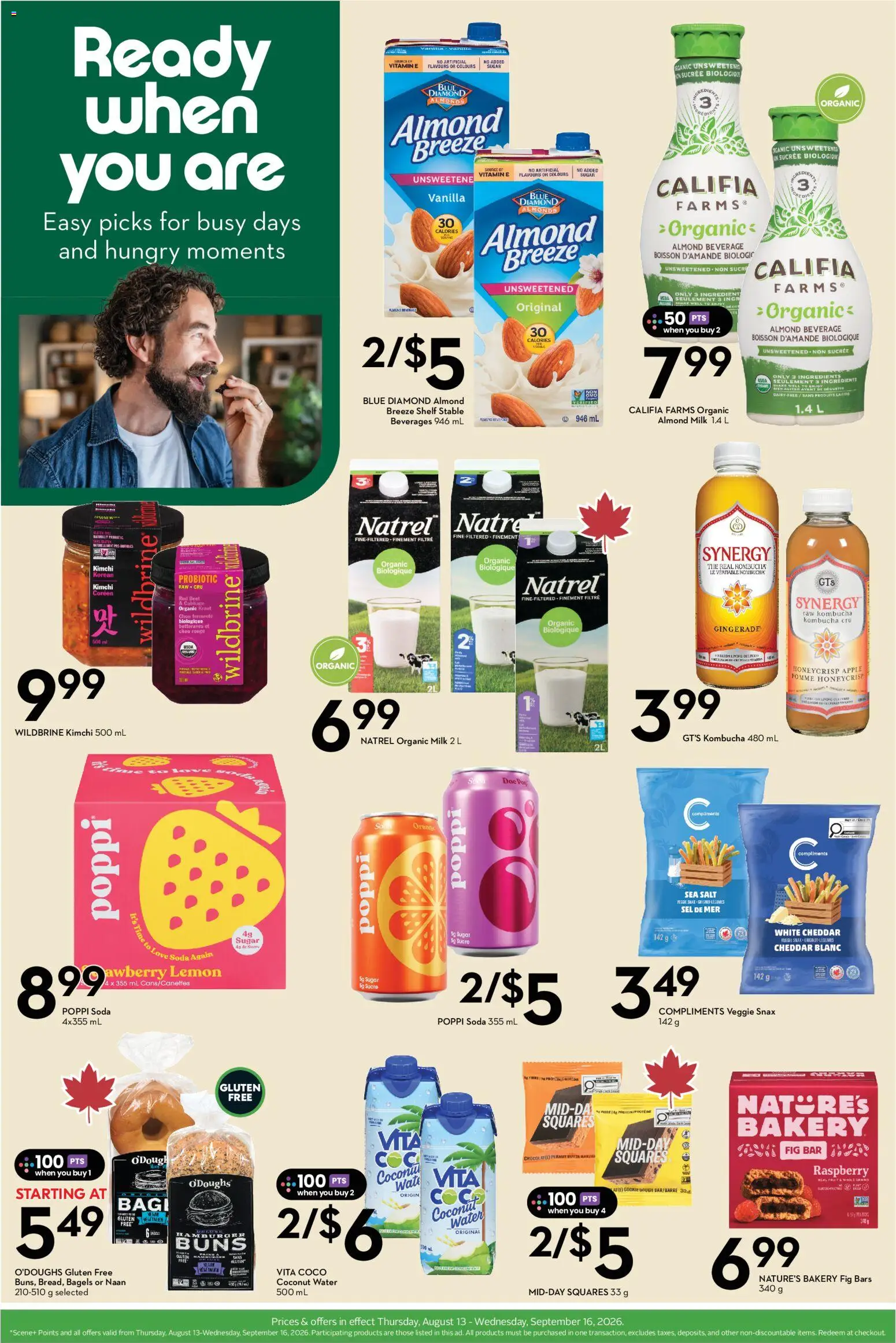 Sobeys flyer valid from Aug 13, 2026 | Page: 3 | Products: Almonds, Salt, Vanilla, Kimchi