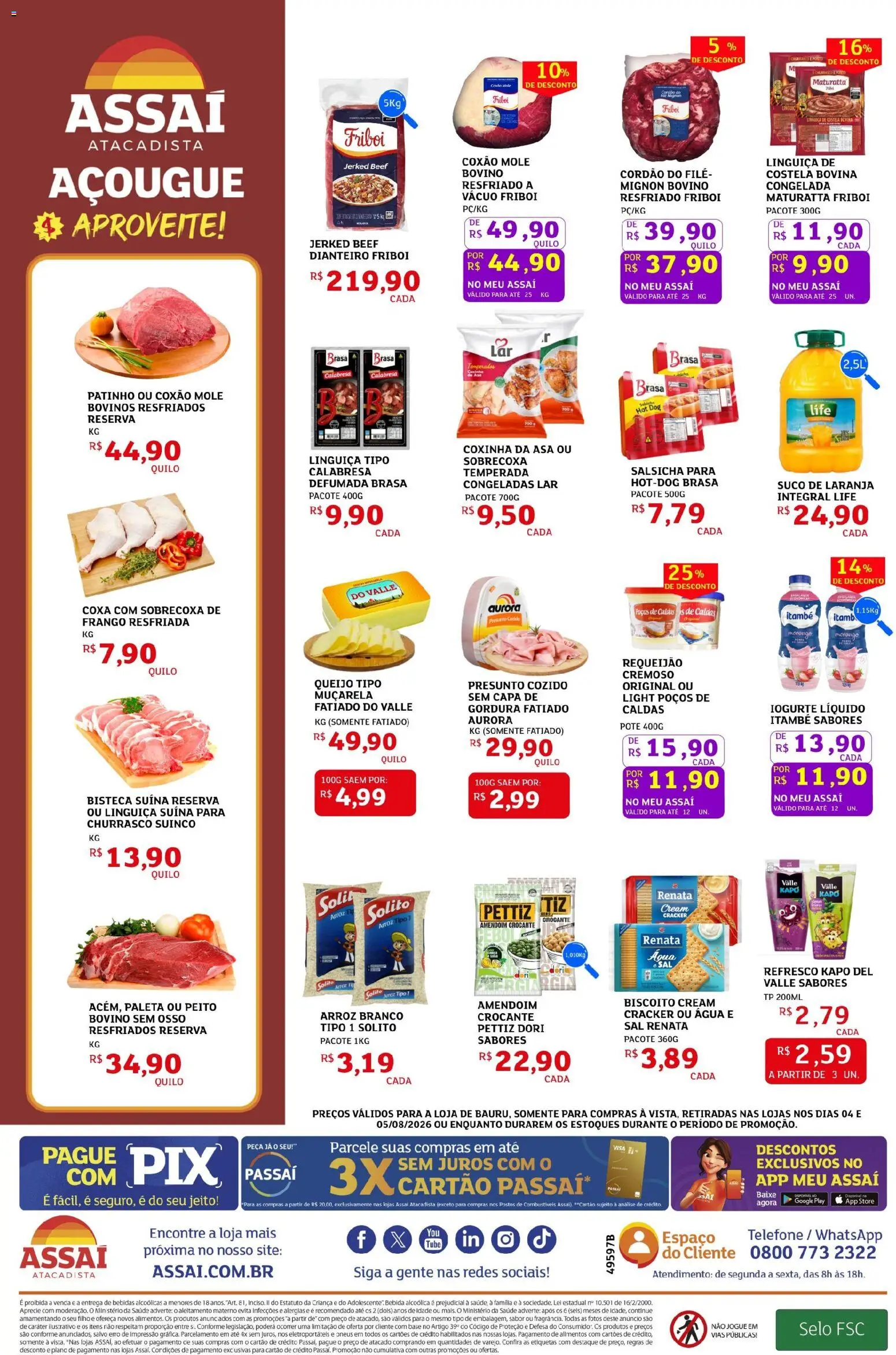 Assaí Atacadista Folheto - válido de 04/08/2026 | Página: 2 | Produtos: Salsicha, Linguiça, Presunto, Suco