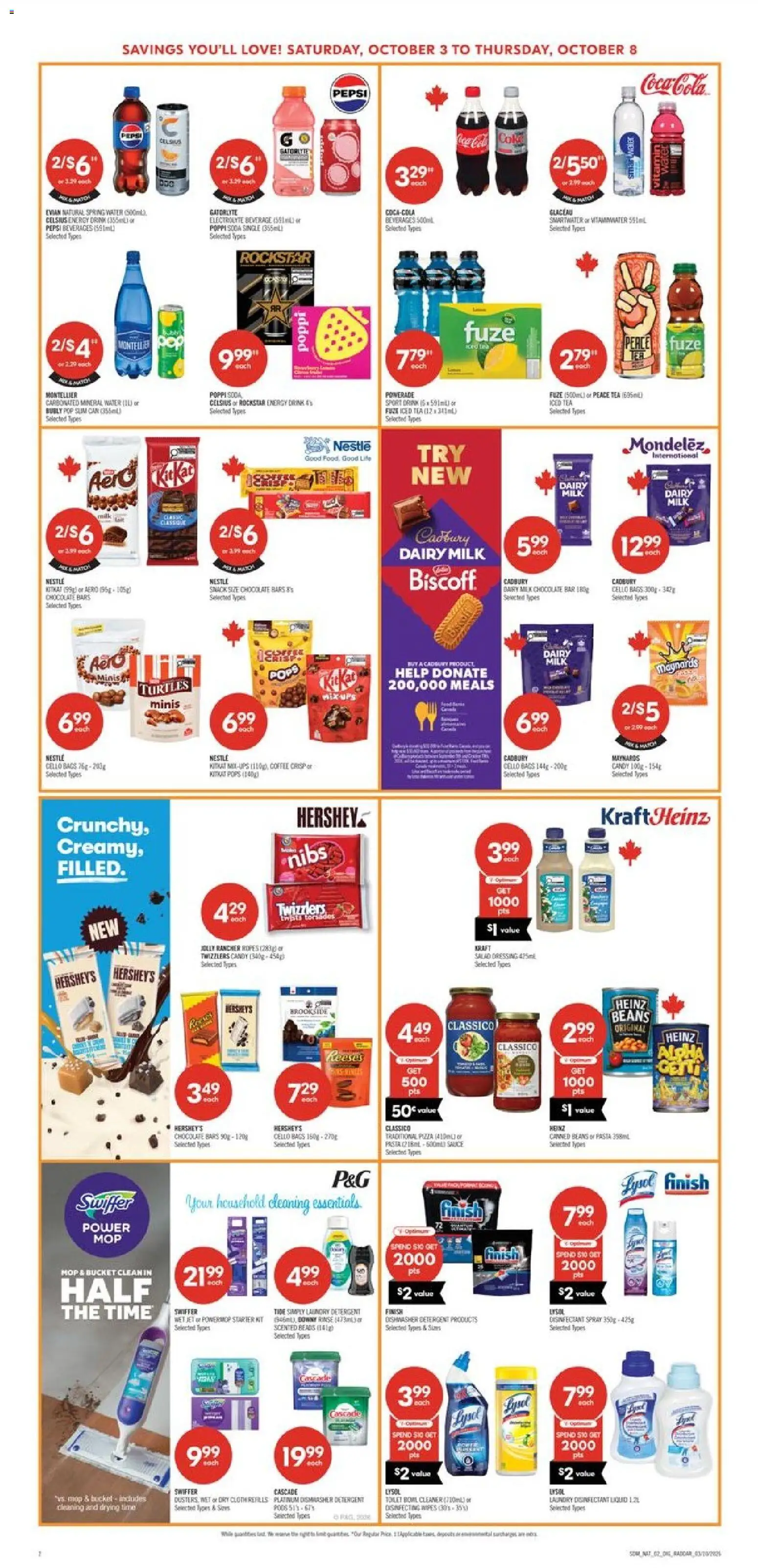 Shoppers flyer valid from Oct 3, 2026 | Page: 8 | Products: Salad, Mop, Spring water, Chocolate