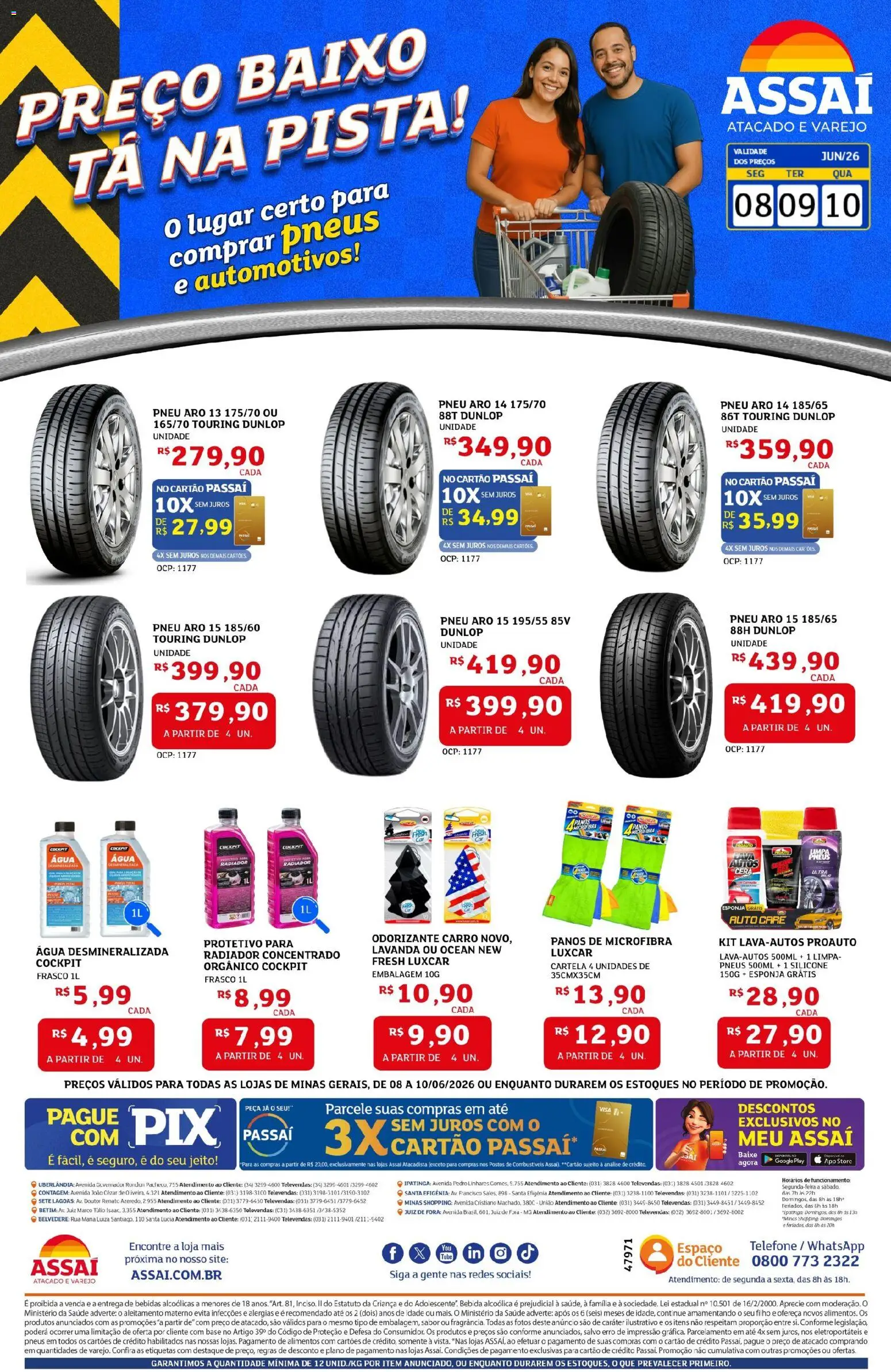 Assaí Atacadista Folheto - válido de 08.06.2026 | Página: 1 | Produtos: Pneu, Pneus, Baixo, Bebida