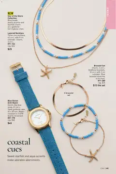Preview of Blue Denim Drift Watch, Denim-like blue strap, 23 cm L. Sleek goldtone case, 40 x 38 mm. Water-resistant to 3 ATM. Quartz movement. from shop Avon valid from 07.05.2026 | Page: 141 | Products: Watch