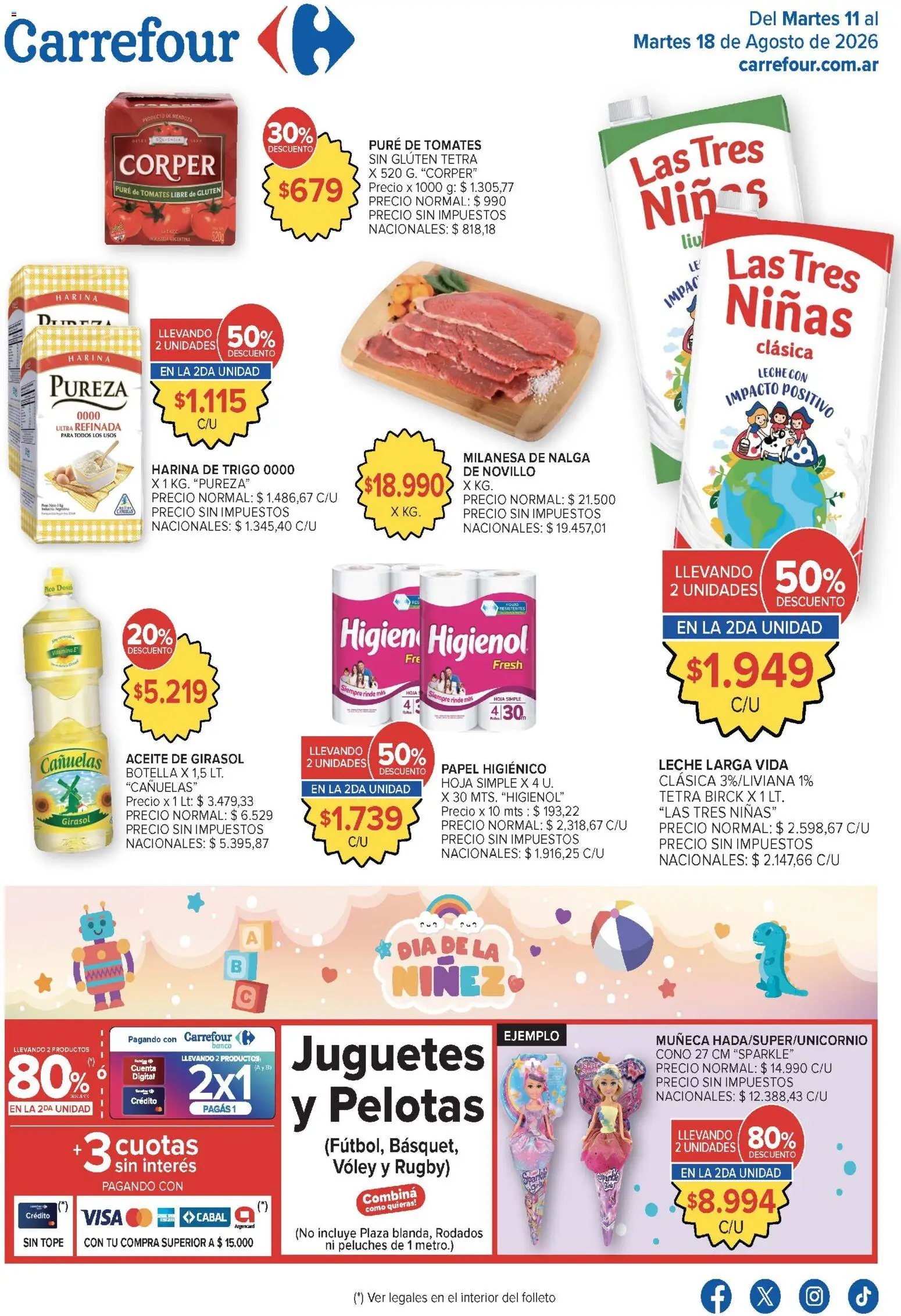 Carrefour ofertas │ válido desde el 11/08/2026 | Página: 2 | Productos: Juguetes, Milanesa, Tomates, Puré