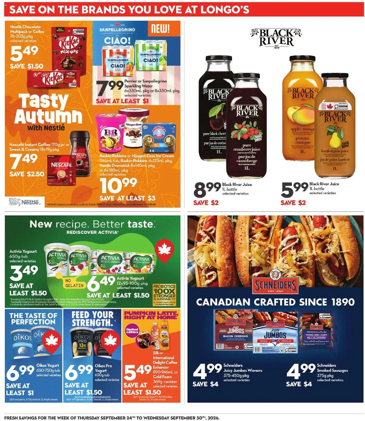 Longo's flyer valid from Sep 24, 2026 | Page: 20 | Products: Cream, Sugar, Cheddar, Juice