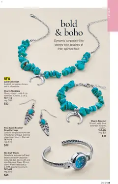Preview of Sky Cuff Watch, Silvertone textured cuff and bezel case with turquoise-coloured dial. Open cuff, one size fits most. Case, 22 mm diam. Water-resistant to 3 ATM. Quartz movement. from shop Avon valid from 07.05.2026 | Page: 143 | Products: Watch, Case
