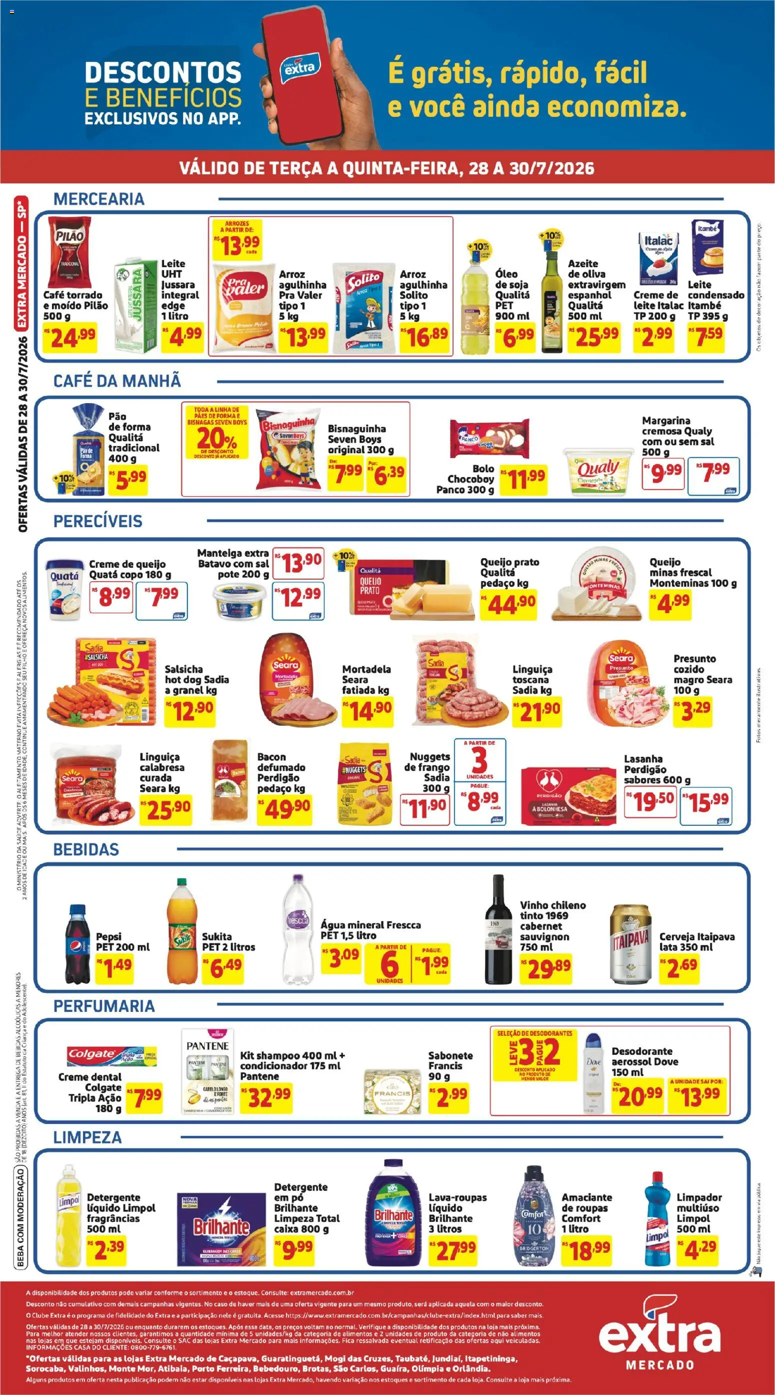 Extra Folheto - válido de 28/07/2026 | Página: 2 | Produtos: Detergente, Linguiça, Sabonete, Soja