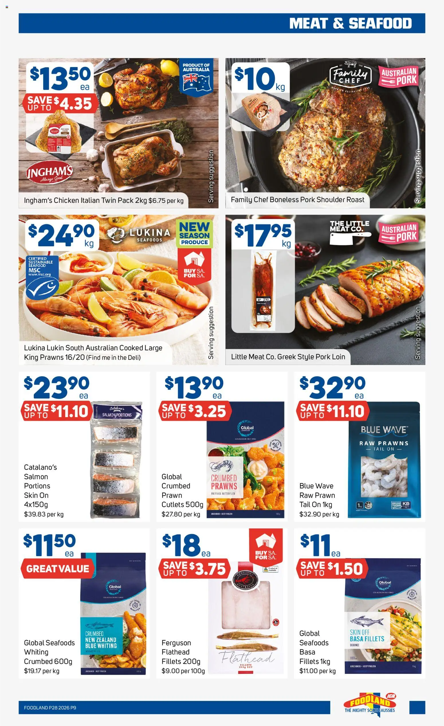 Foodland catalogue - valid from 08/07/2026 | Page: 9 | Products: Meat, Prawns, Salmon, Seafood