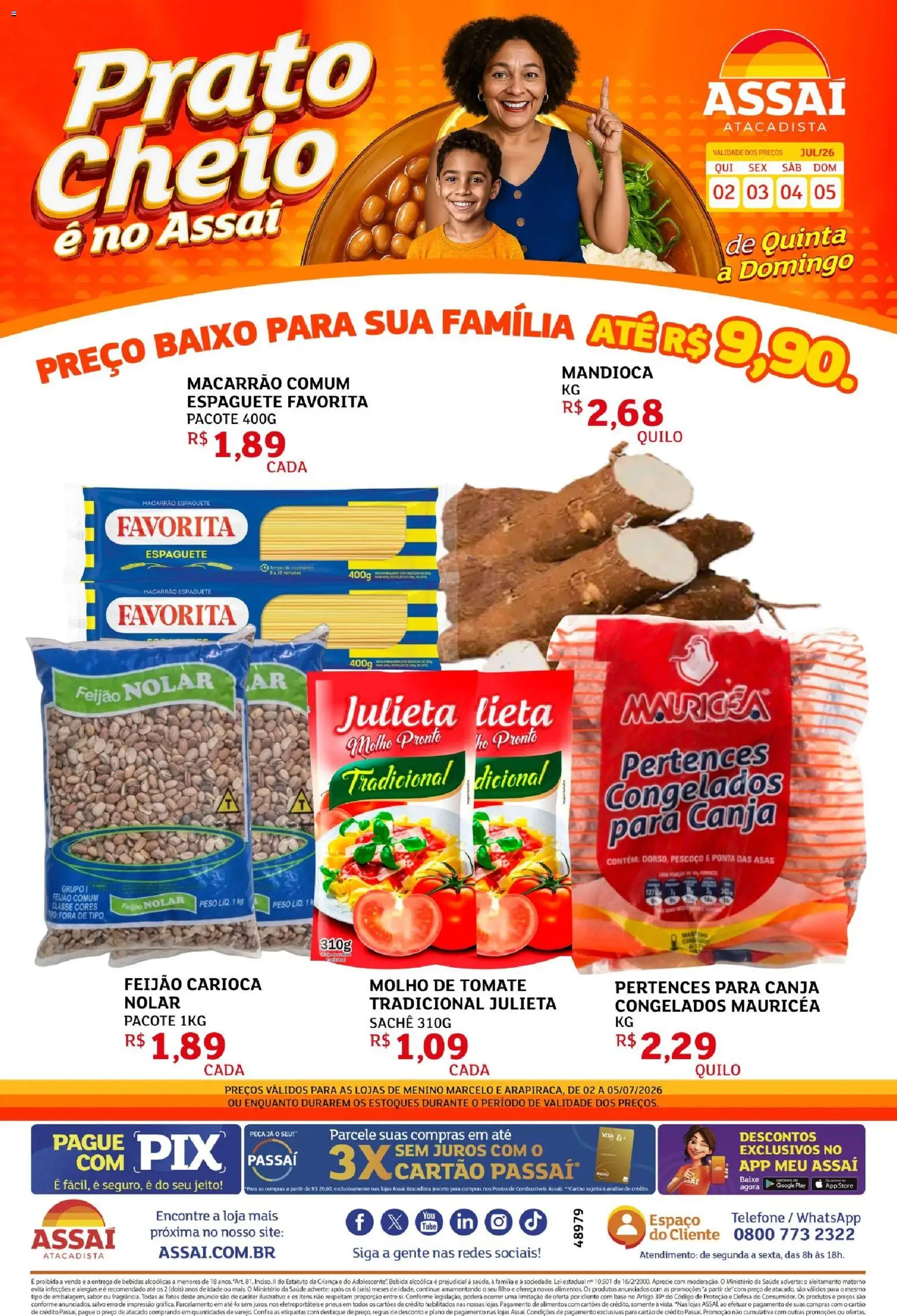 Assaí Atacadista Folheto - válido de 02/07/2026 | Página: 1 | Produtos: Pó, Macarrão, Bebida, Telefone