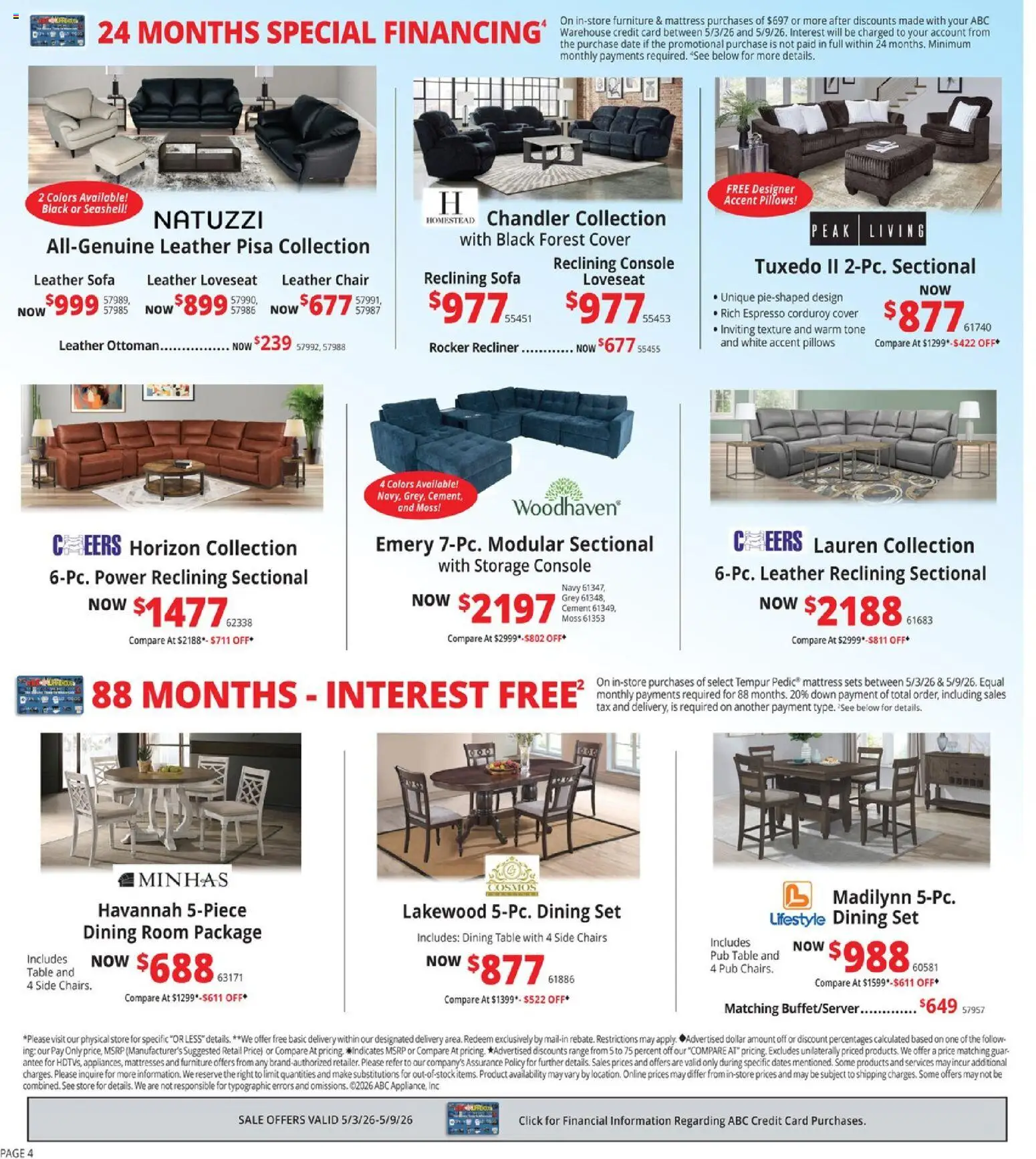 ABC Warehouse Weekly Ad - valid from 03.05.2026 | Page: 4 | Products: Mattress, Sofa, Table, Recliner